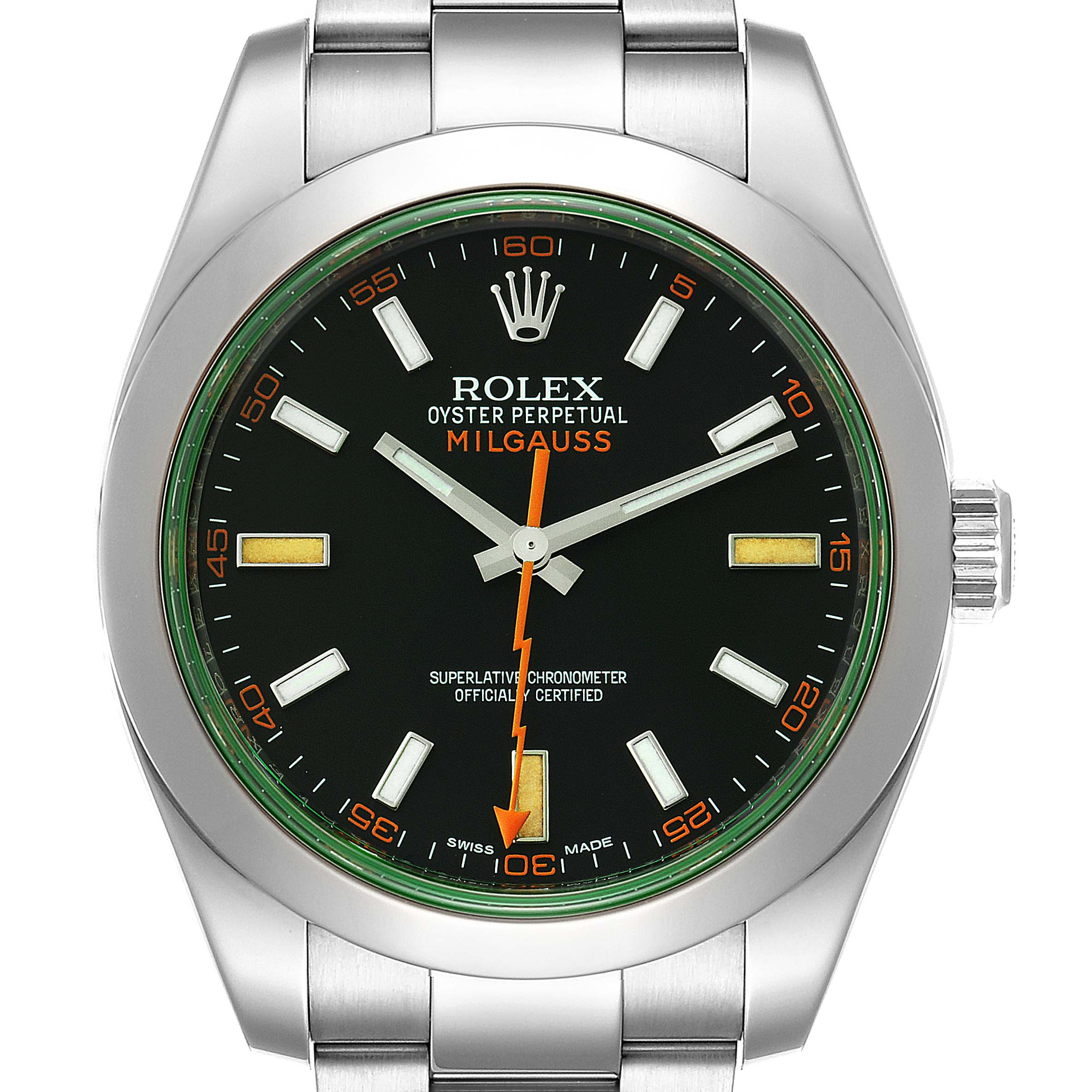 The image shows a front view of a Rolex Milgauss 116400V Men
s Stainless Steel Black Dial 116400V Men
s Stainless Steel Black Dial watch, highlighting the face, bezel, and bracelet.