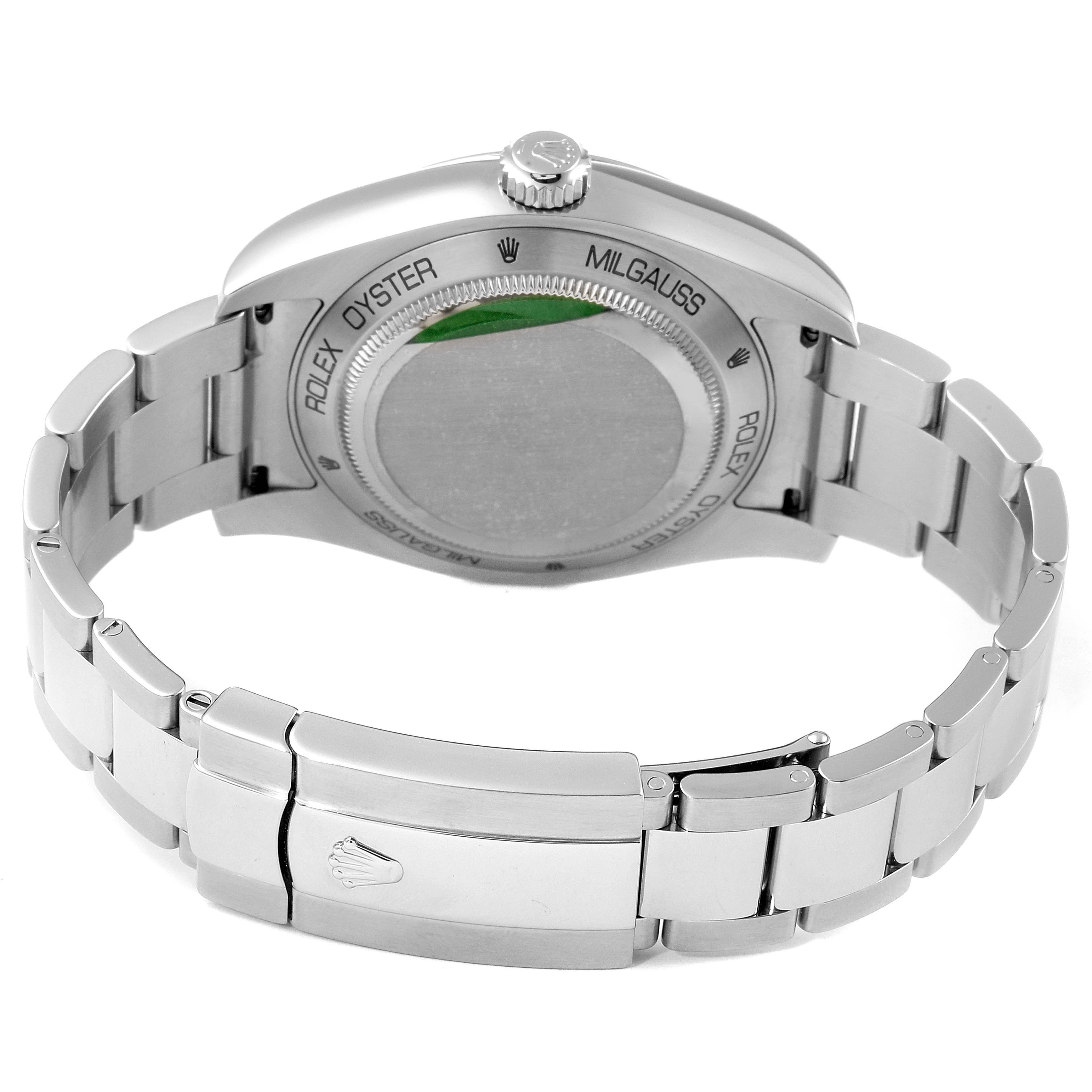 This image shows the back case and bracelet of a Rolex Milgauss 116400V Men
s Stainless Steel Black Dial 116400V Men
s Stainless Steel Black Dial watch from a semi-open angle.