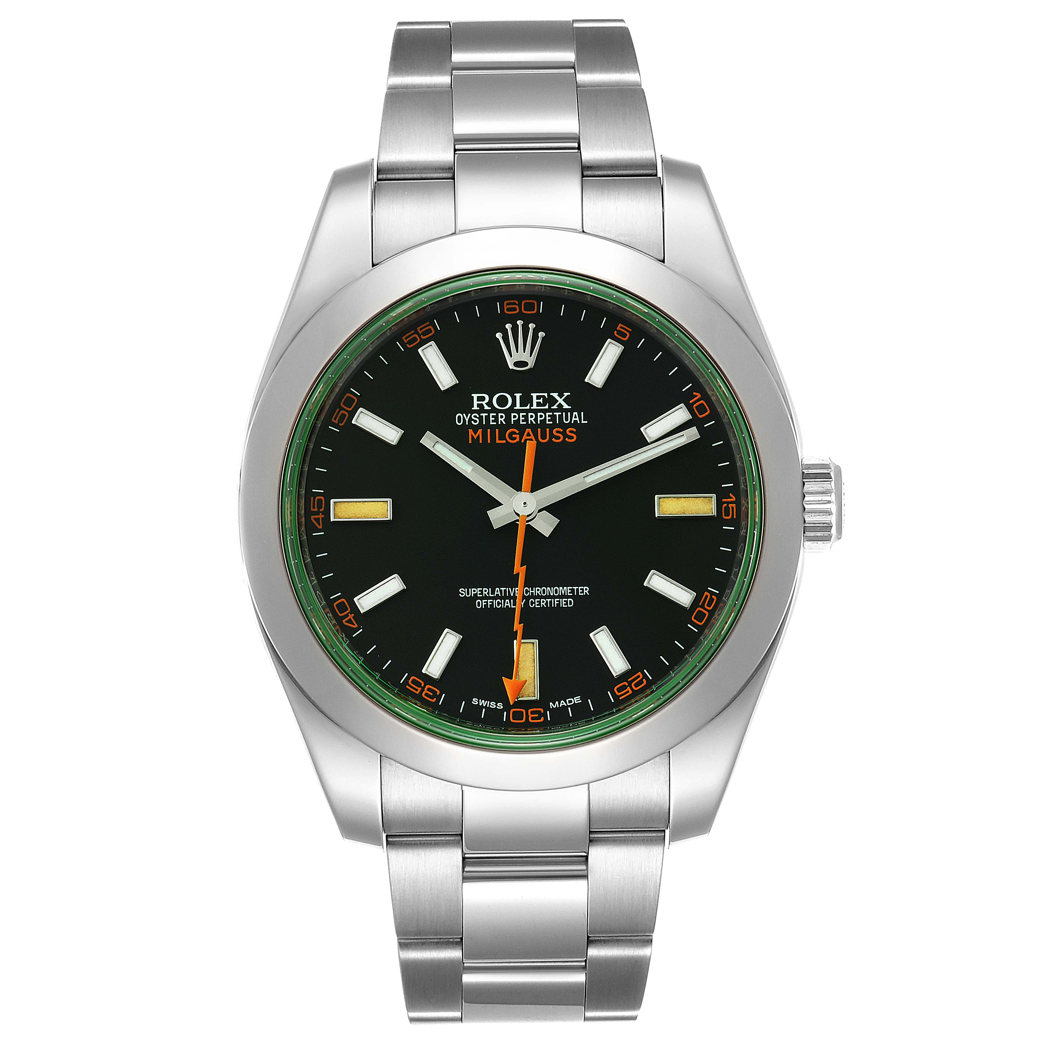 The image shows a front view of a Rolex Milgauss 116400V Men
s Stainless Steel Black Dial 116400V Men
s Stainless Steel Black Dial watch, revealing its dial, bracelet, and crown.