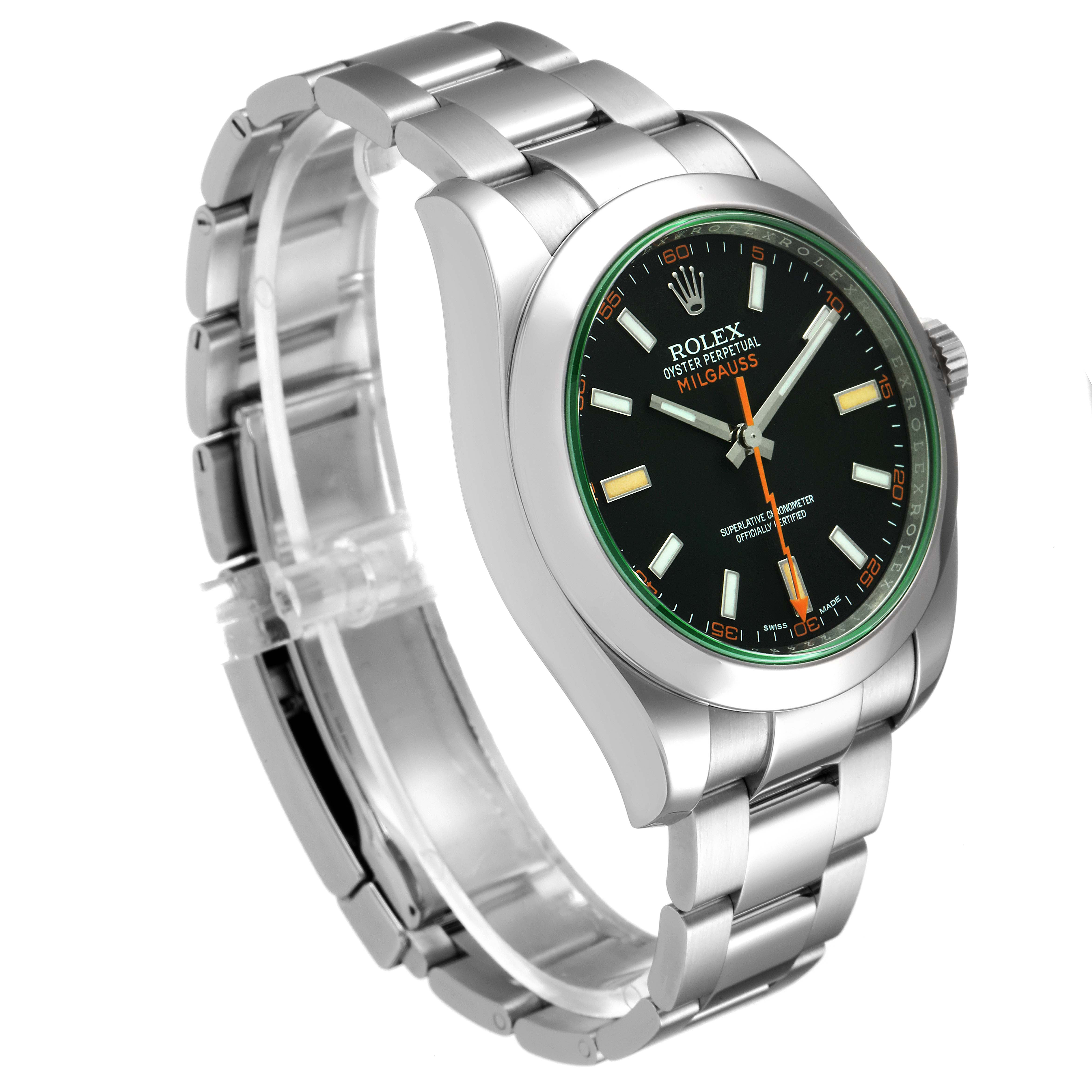 The image shows a side-angle view of the Rolex Milgauss 116400V Men
s Stainless Steel Black Dial 116400V Men
s Stainless Steel Black Dial watch, highlighting the dial, case, and bracelet.