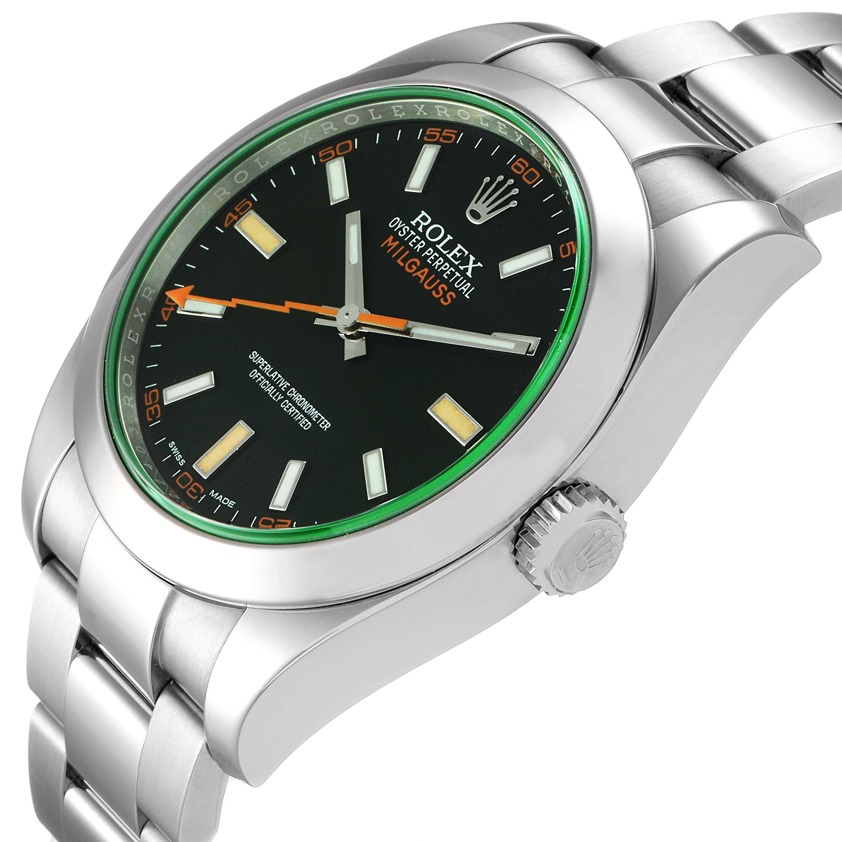 The image shows a side and slightly angled view of the Rolex Milgauss 116400V Men
s Stainless Steel Black Dial 116400V Men
s Stainless Steel Black Dial watch, highlighting the dial, case, crown, and part of the bracelet.