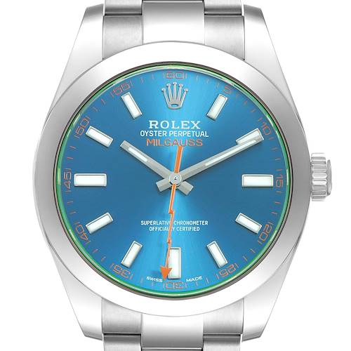 The Rolex Milgauss M116400GV Men's Stainless Steel Blue Dial watch is shown from the front, highlighting the blue dial, orange second hand, and the stainless steel bracelet.
