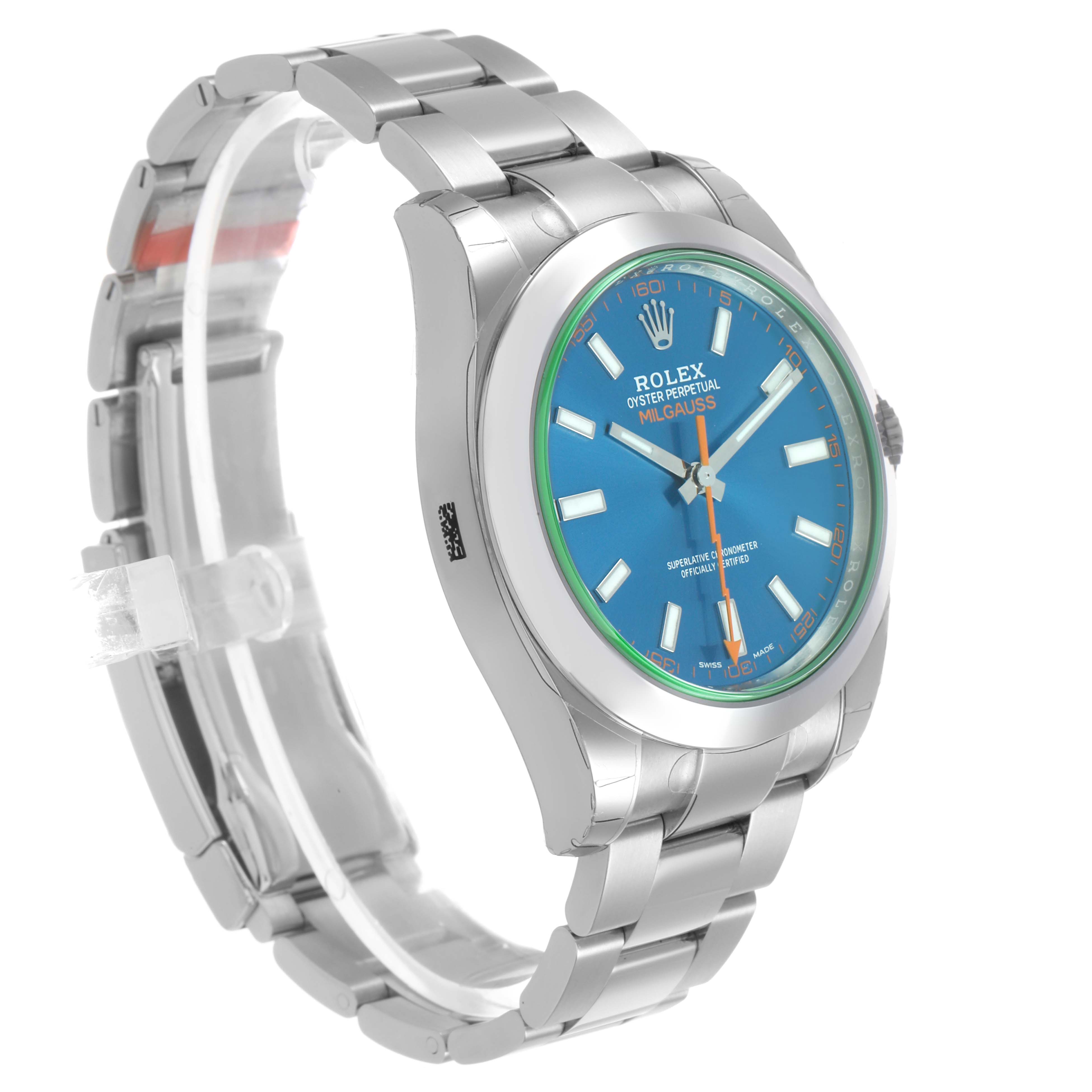 The Rolex Milgauss M116400GV Men's Stainless Steel Blue Dial watch is shown at a slight diagonal angle, highlighting the face, bezel, and portion of the bracelet.