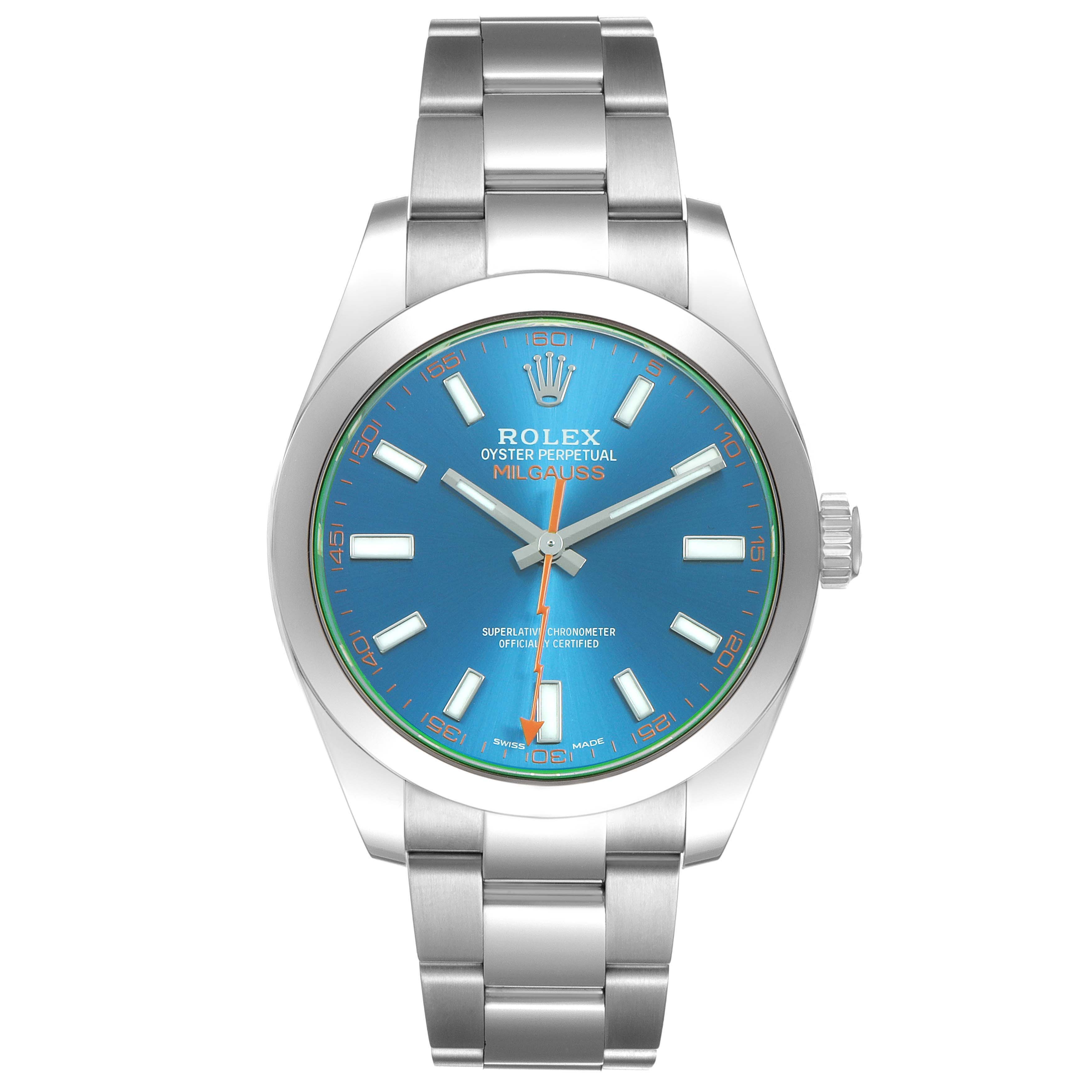 The Rolex Milgauss M116400GV Men's Stainless Steel Blue Dial watch is shown from a front angle, highlighting its blue dial, hands, markers, and stainless steel bracelet.