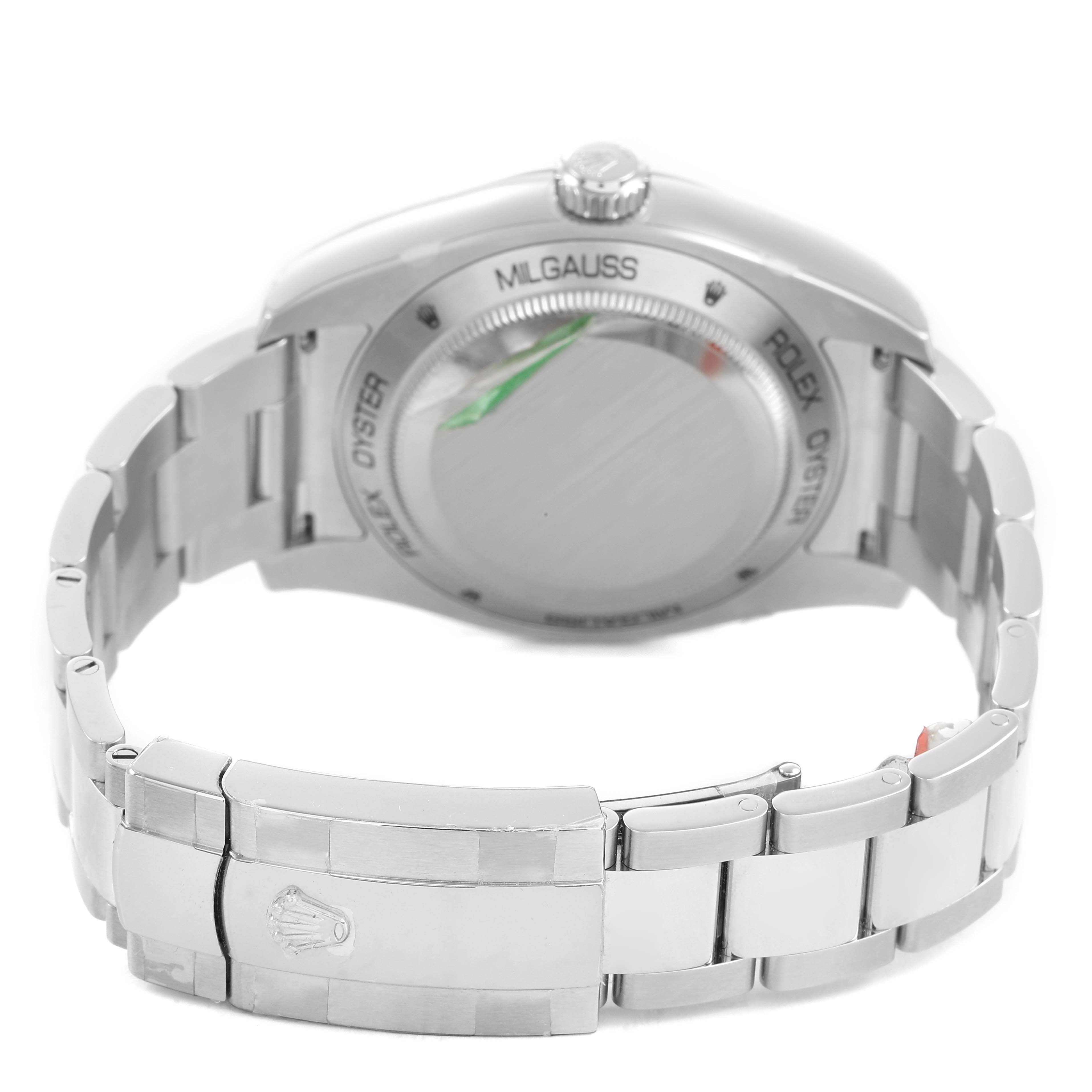 The image shows the back and bracelet of a Rolex Milgauss M116400GV Men's Stainless Steel Blue Dial, highlighting the case back and clasp.