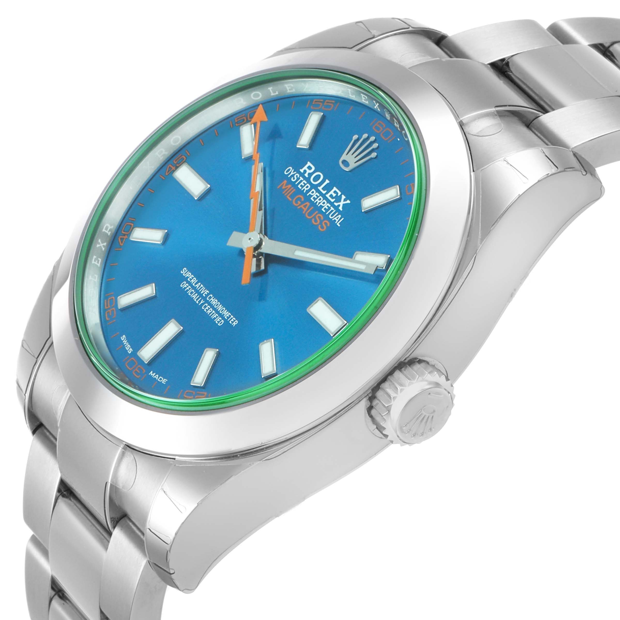 The Rolex Milgauss M116400GV Men's Stainless Steel Blue Dial watch is shown at an angled side view, highlighting the case, bezel, crown, and part of the bracelet.