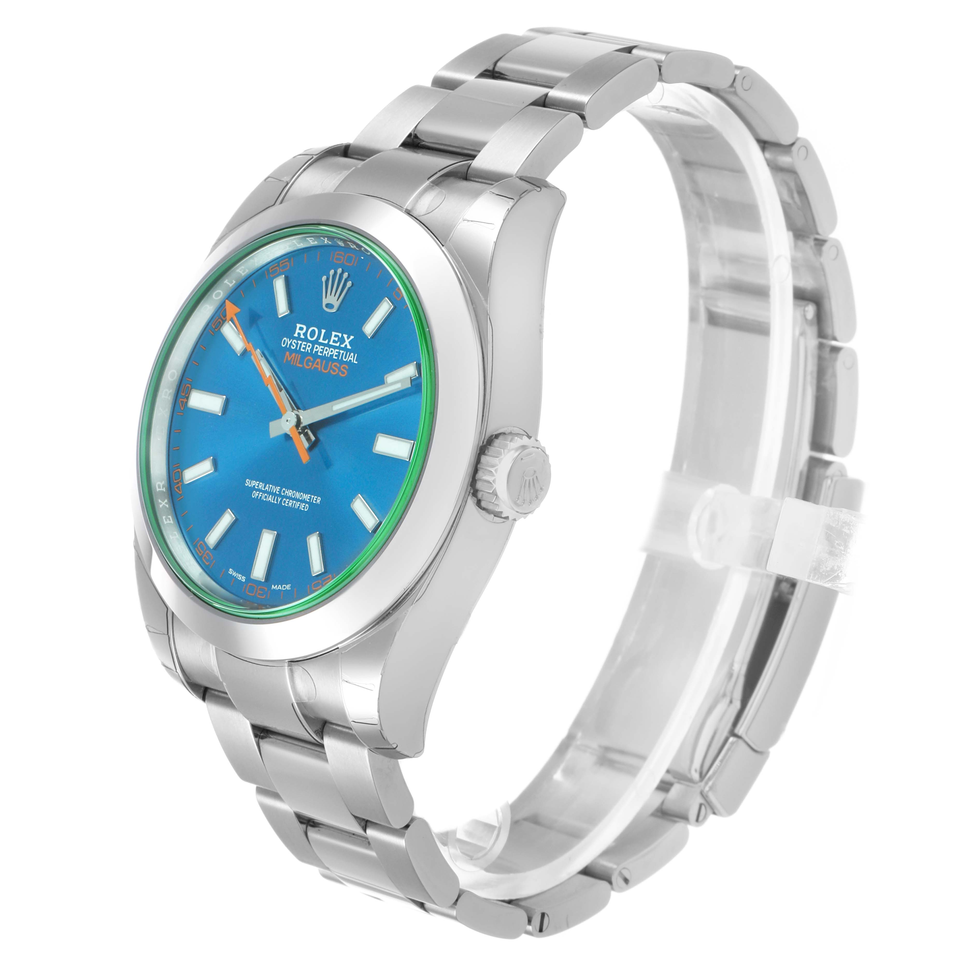The Rolex Milgauss M116400GV Men's Stainless Steel Blue Dial watch is shown at an angled side view, displaying the face, bezel, and bracelet.