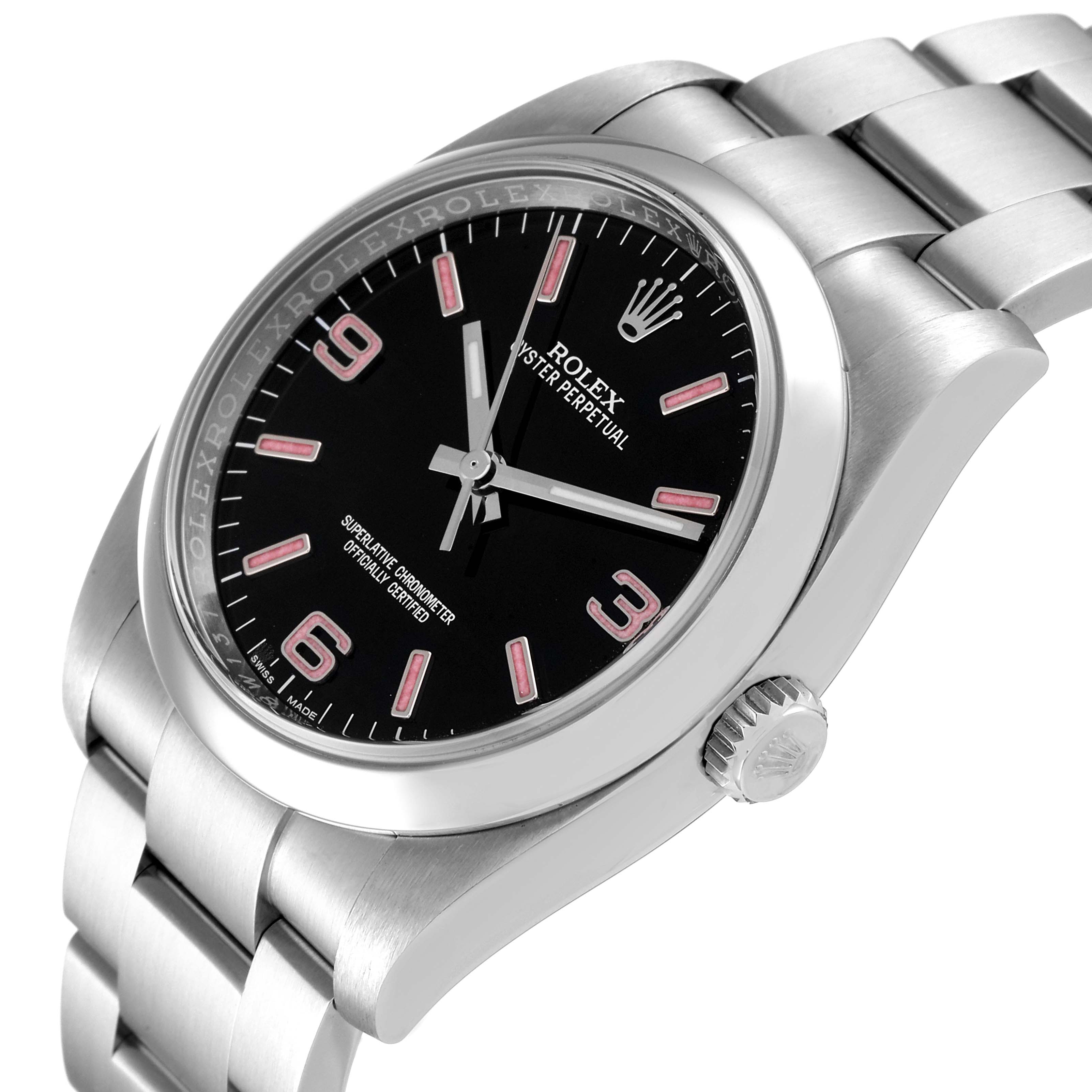 The image shows a Rolex Oyster Perpetual 116000 Men
s Stainless Steel Black Dial 116000 Men
s Stainless Steel Black Dial watch at an angle highlighting the dial, crown, and part of the bracelet.