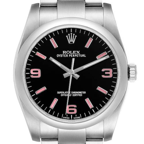Photo of Rolex Oyster Perpetual 36 Pink Baton Black Dial Steel Watch 116000 Box Card