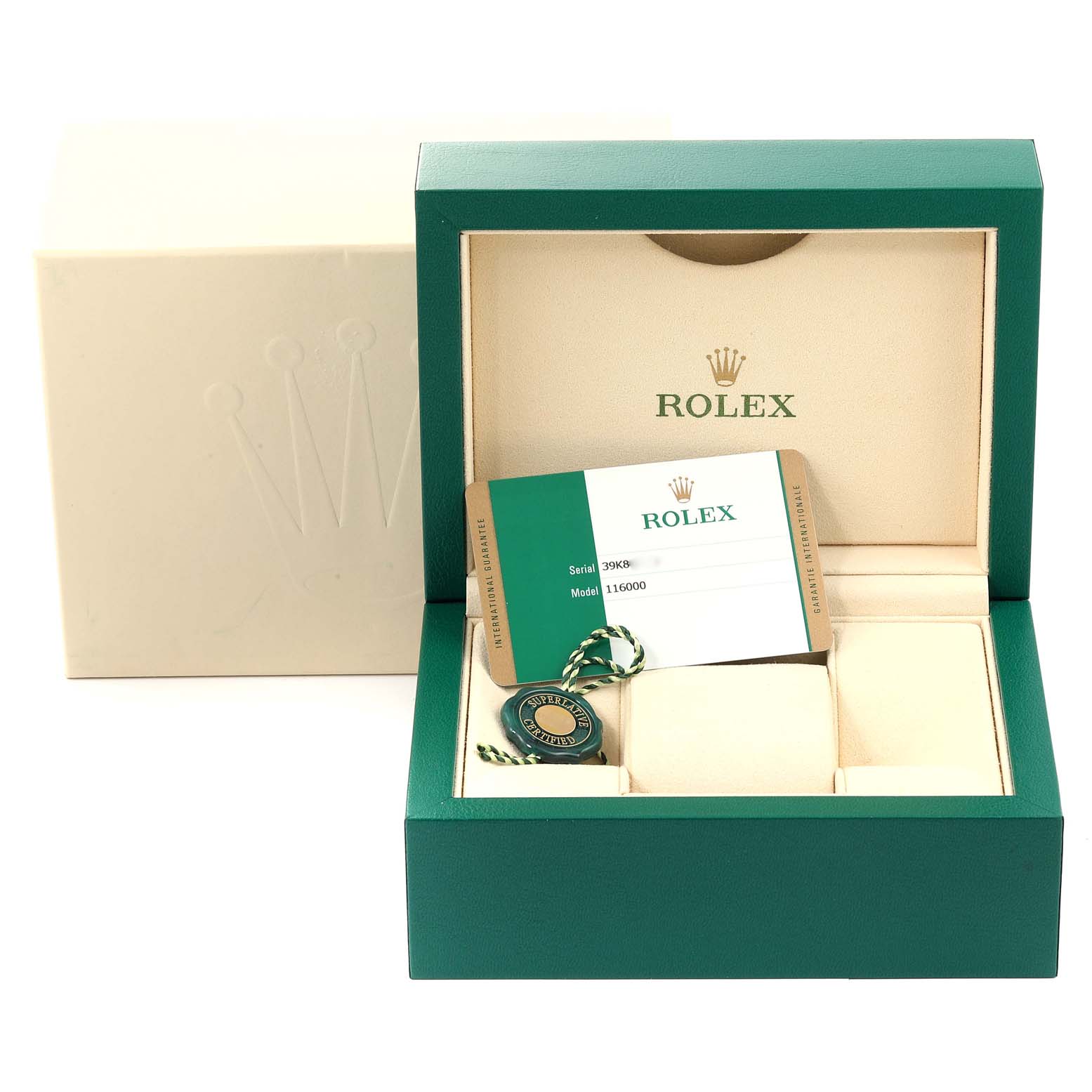 The image shows the box, tag, and certificate for the Rolex Oyster Perpetual 116000 Men
s Stainless Steel Black Dial 116000 Men
s Stainless Steel Black Dial watch from a front angle.