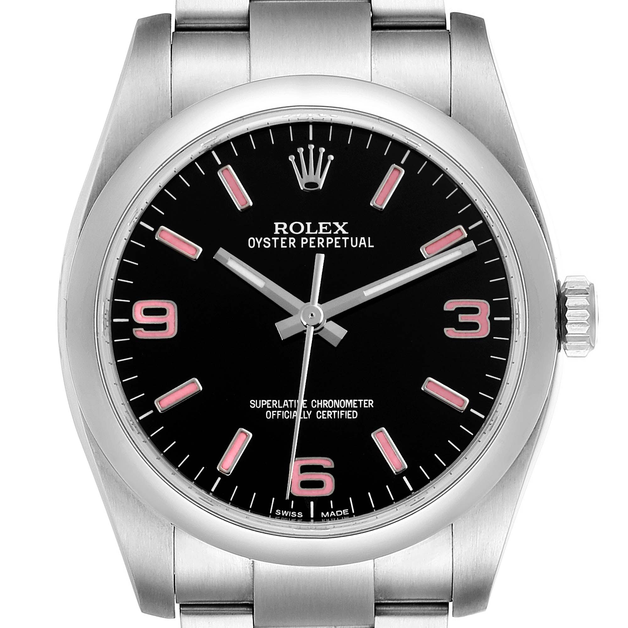 The image shows a front view of a Rolex Oyster Perpetual 116000 Men
s Stainless Steel Black Dial 116000 Men
s Stainless Steel Black Dial watch, highlighting the face, bezel, and part of the bracelet.