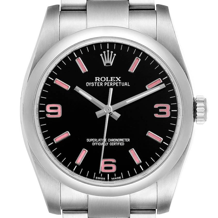 Rolex Oyster Perpetual 36 Pink Baton Black Dial Steel Watch 116000 Box Card SwissWatchExpo
