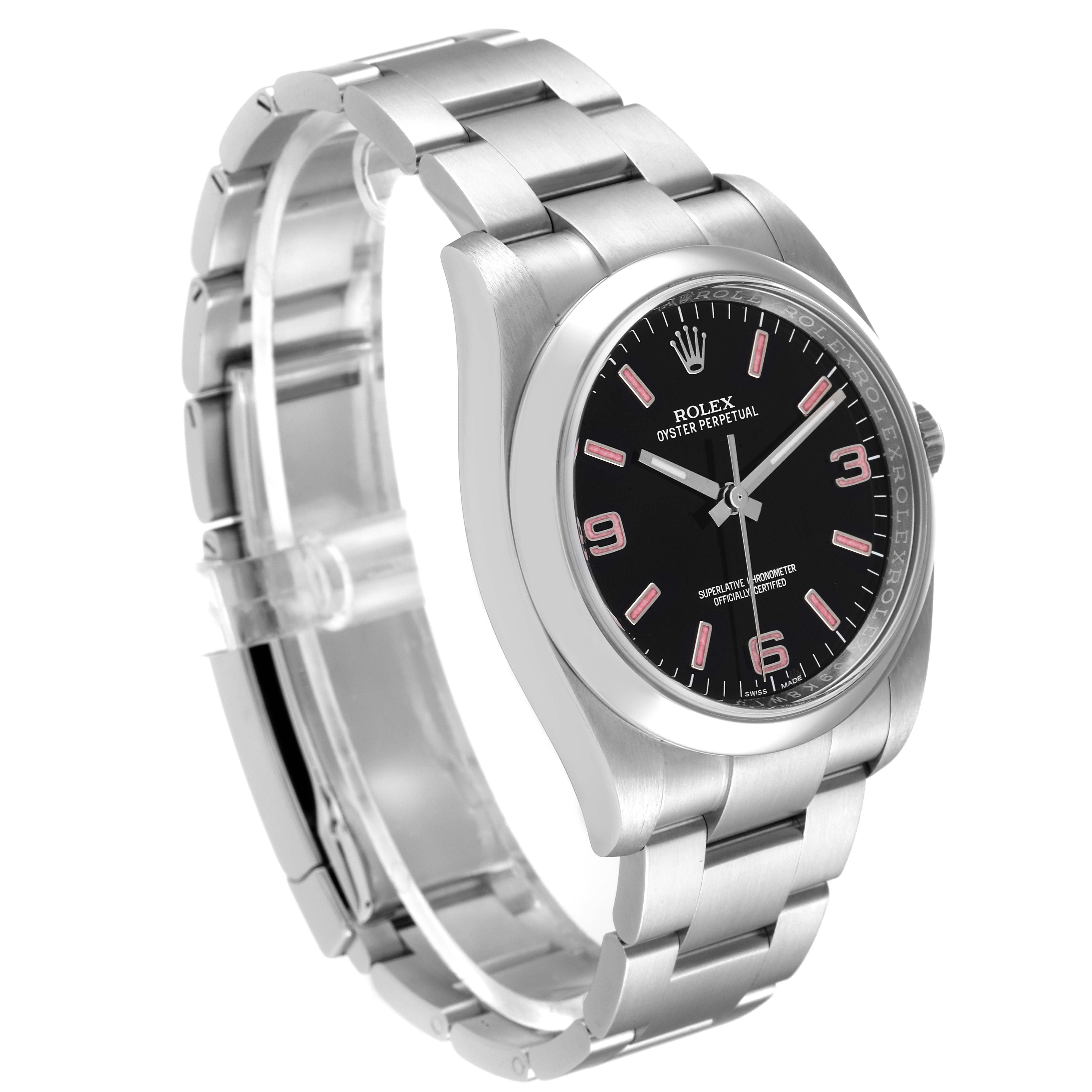 The image shows a side view of the Rolex Oyster Perpetual 116000 Men
s Stainless Steel Black Dial 116000 Men
s Stainless Steel Black Dial watch, highlighting its stainless steel bracelet and black dial.