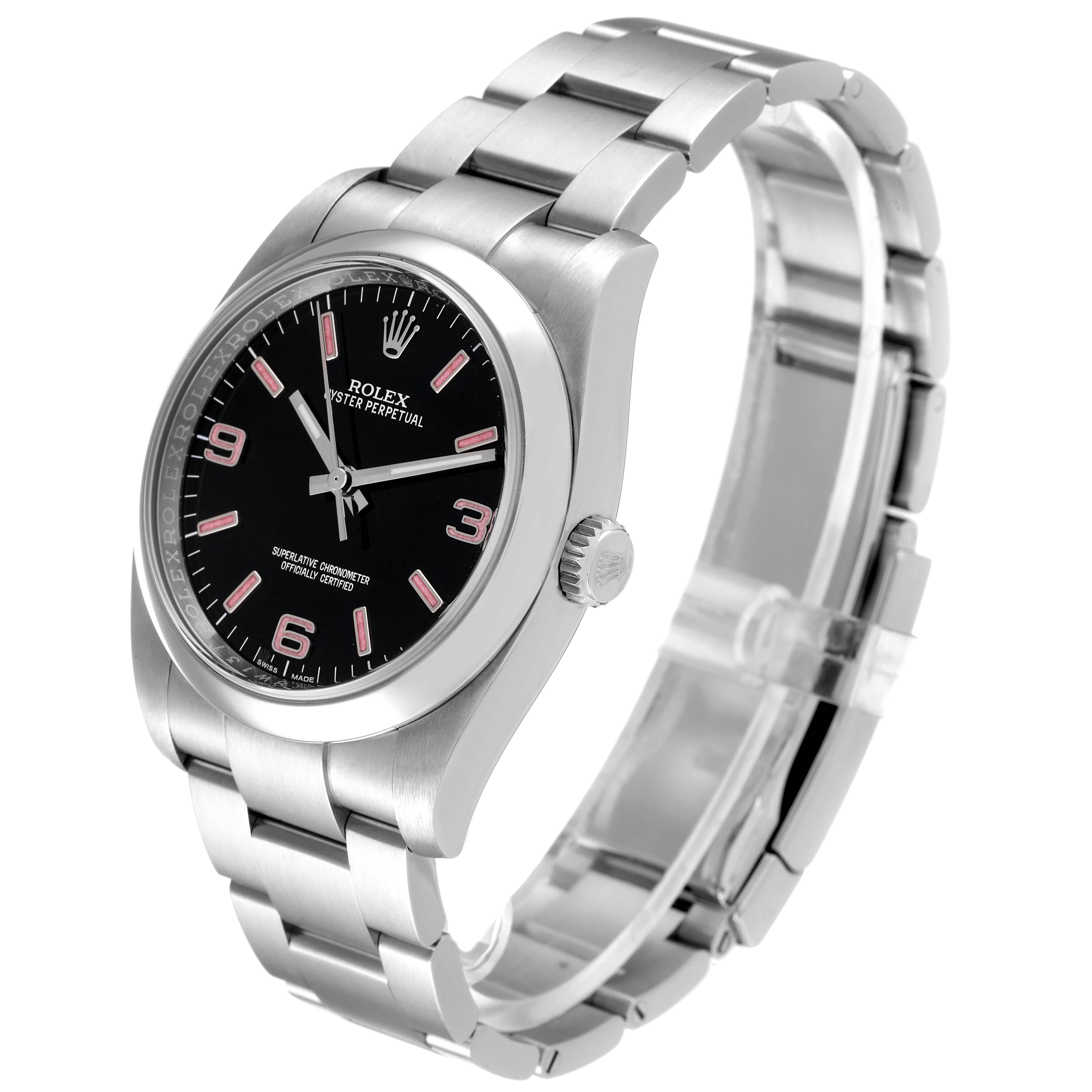 The Rolex Oyster Perpetual 116000 Men
s Stainless Steel Black Dial 116000 Men
s Stainless Steel Black Dial watch is shown at a three-quarter angle, displaying the face, bezel, crown, and bracelet.