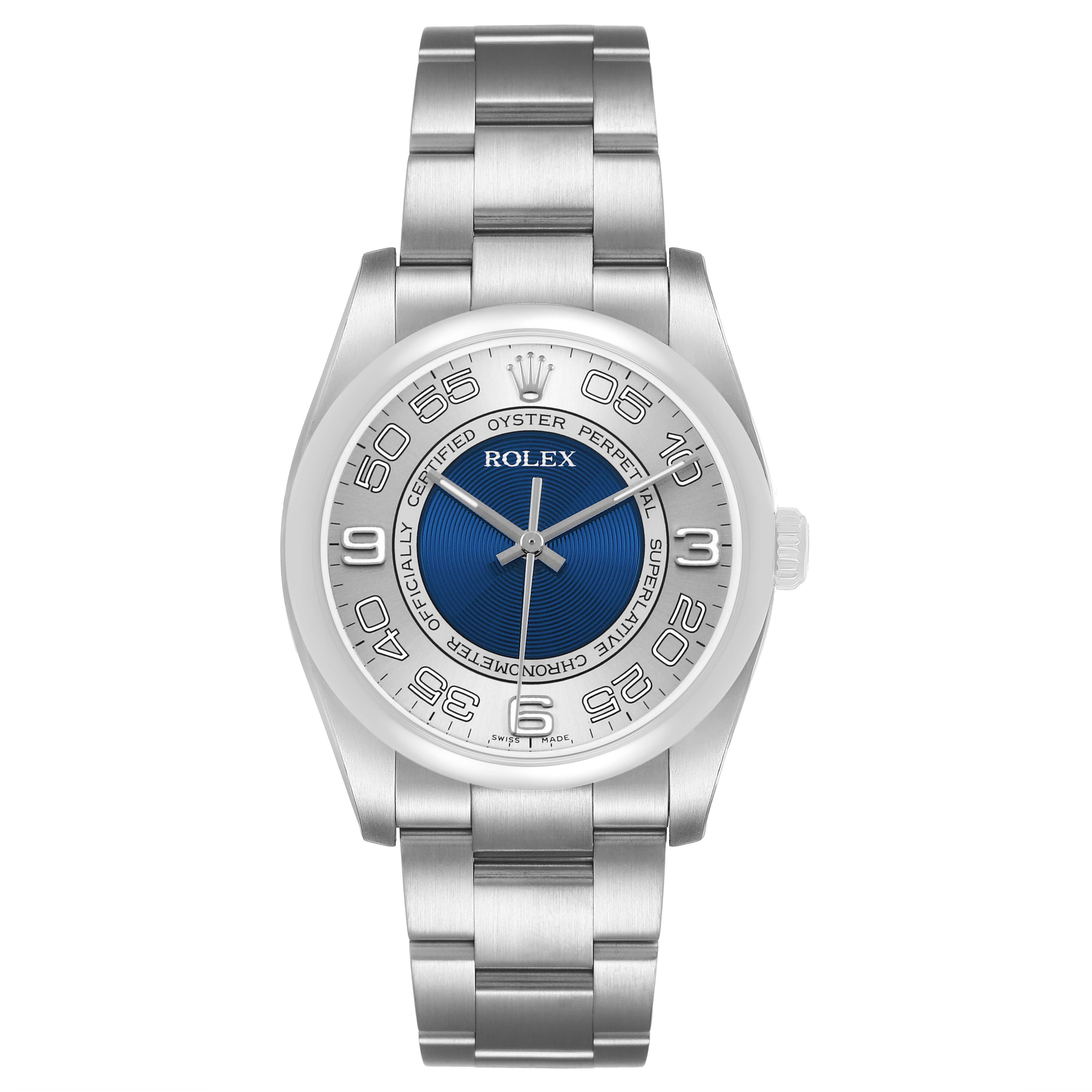 The image shows a frontal view of the Rolex Oyster Perpetual 116000 Men's Stainless Steel Silver Dial watch, displaying the dial, case, and bracelet.