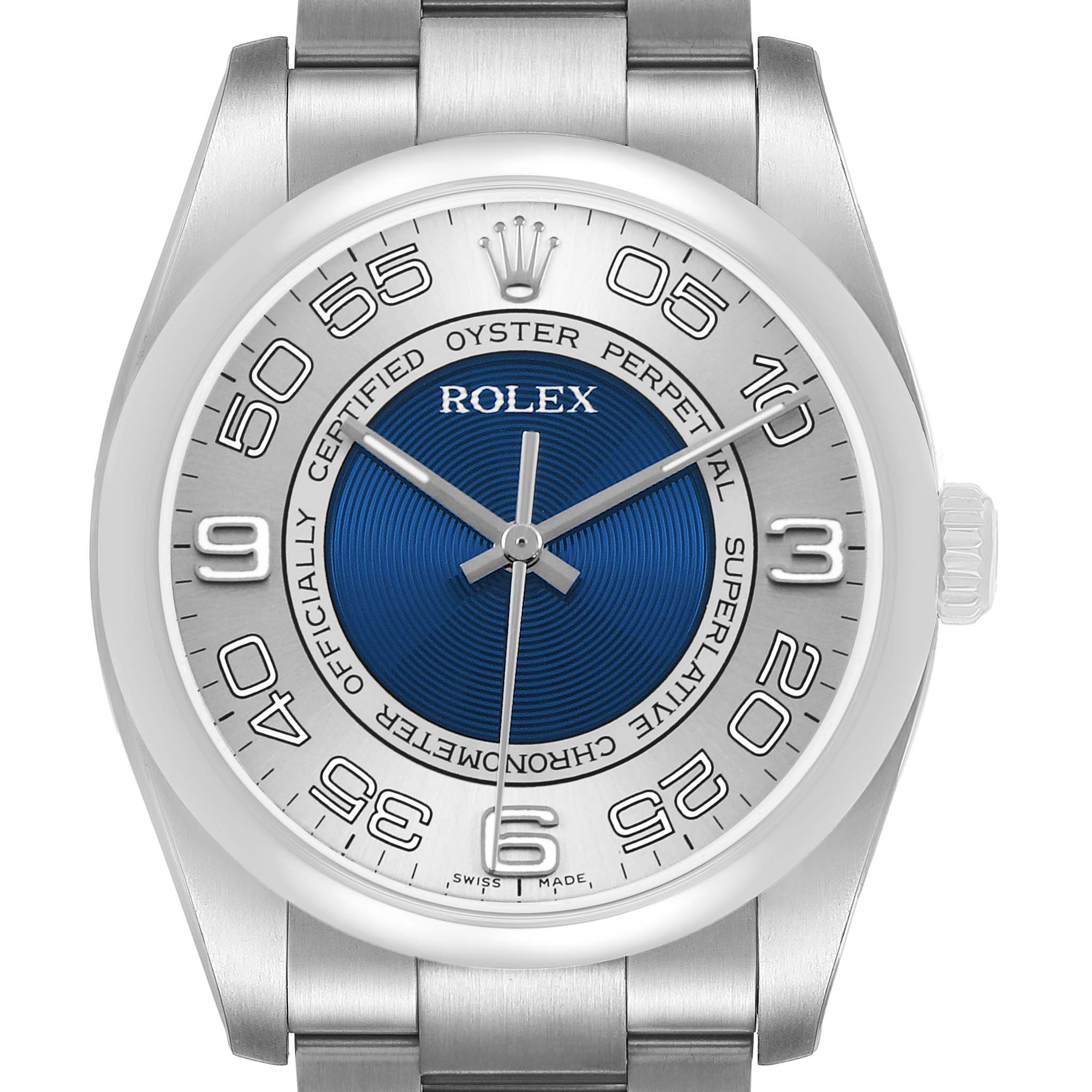 The Rolex Oyster Perpetual 116000 Men's Stainless Steel Silver Dial watch is shown from a straight-on angle, highlighting its face, bezel, and part of the bracelet.