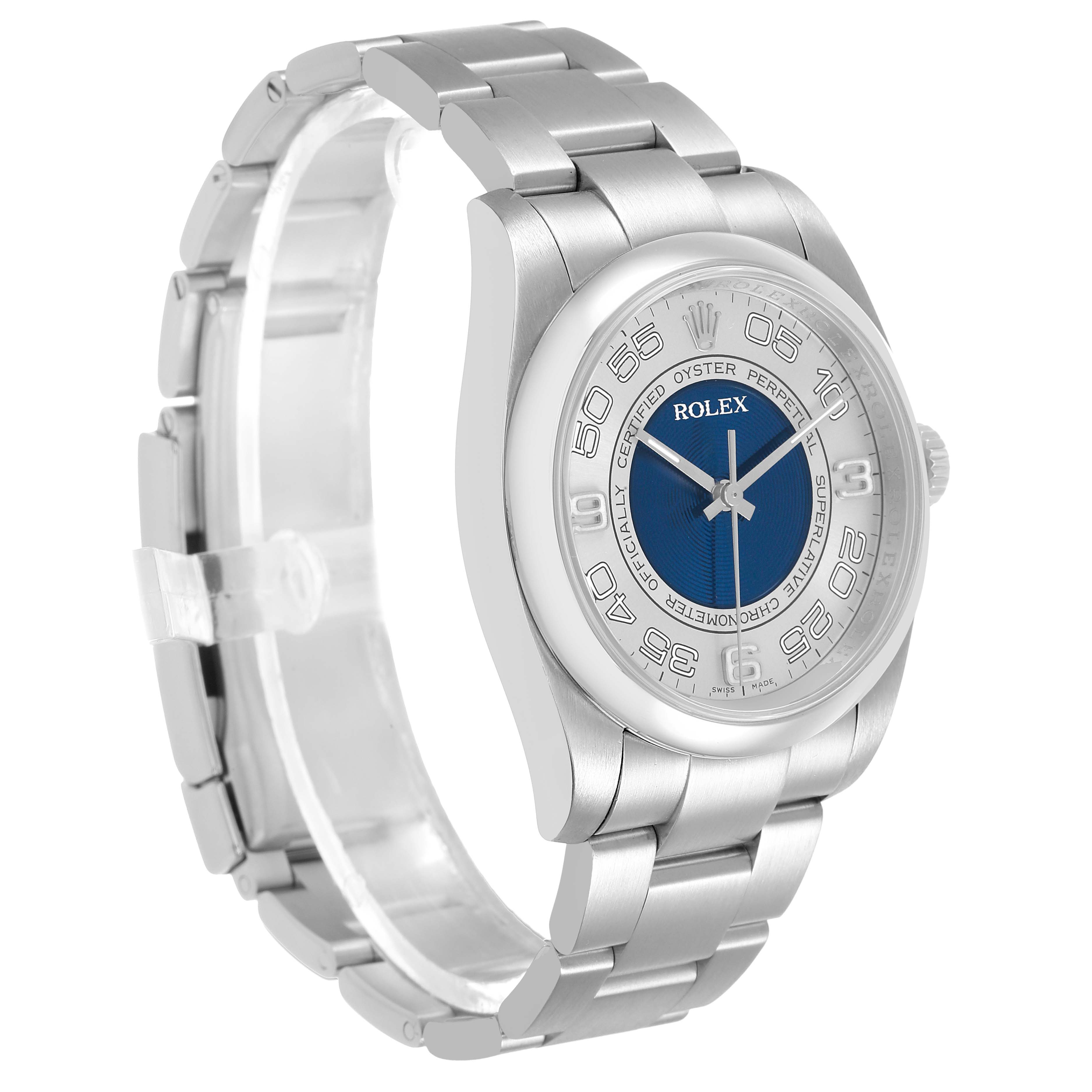 The Rolex Oyster Perpetual 116000 Men's Stainless Steel Silver Dial watch is shown at a three-quarter angle, displaying the face, bezel, and bracelet.