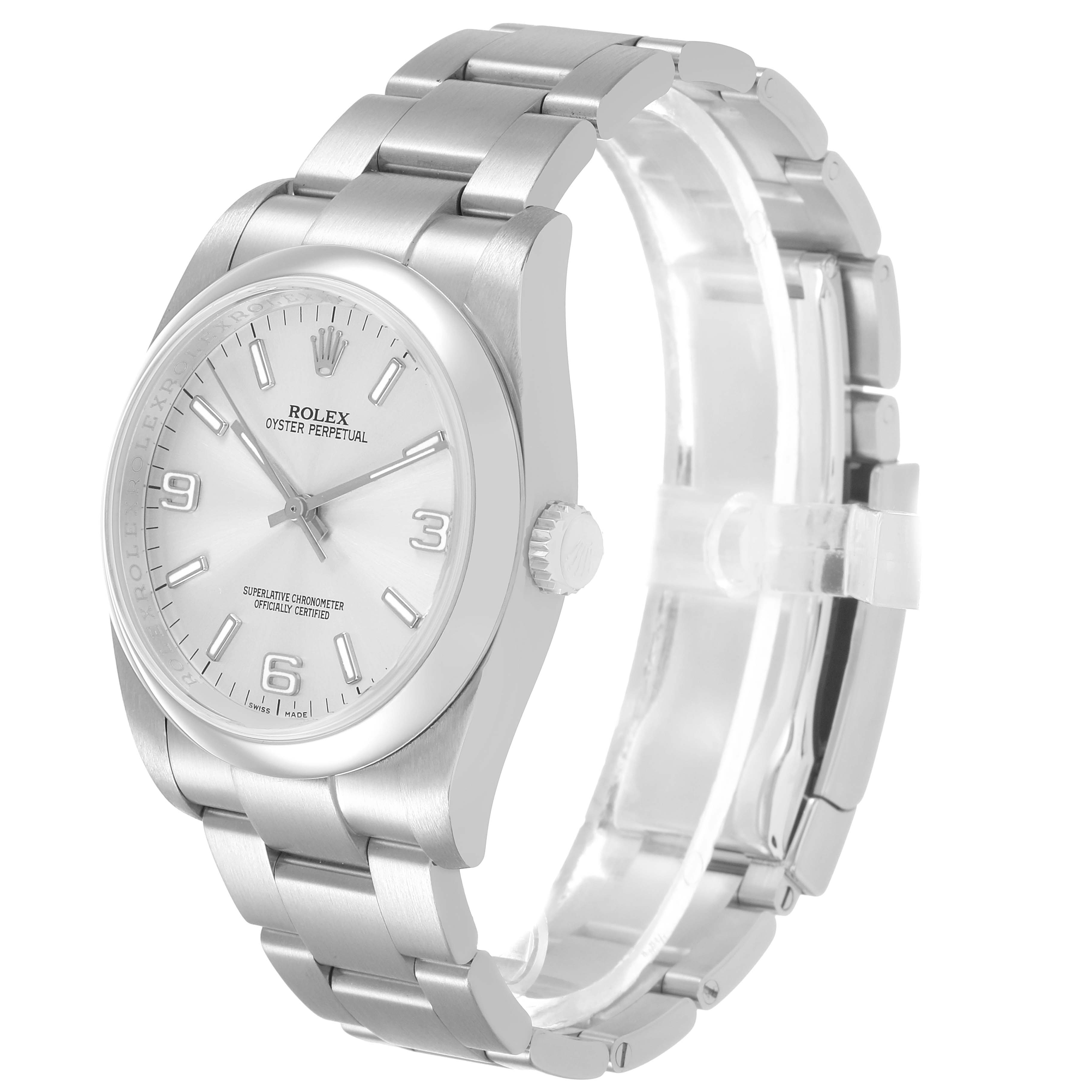 The Rolex Oyster Perpetual 116000 Men's Stainless Steel Silver Dial is shown at a three-quarter angle, featuring the dial, case, and bracelet.