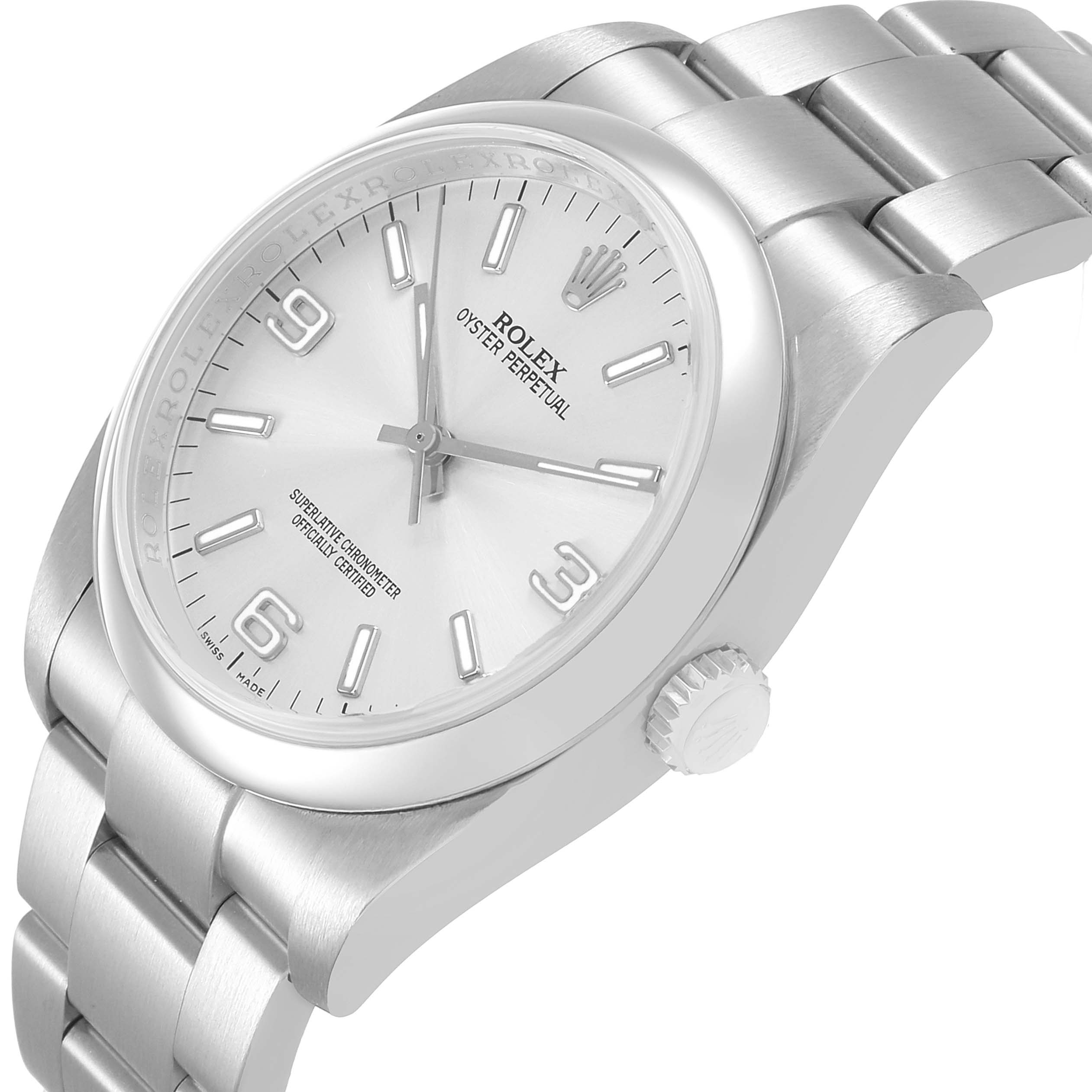 The Rolex Oyster Perpetual 116000 Men's Stainless Steel Silver Dial watch is shown at an angled side view, highlighting the dial, bezel, crown, and bracelet.