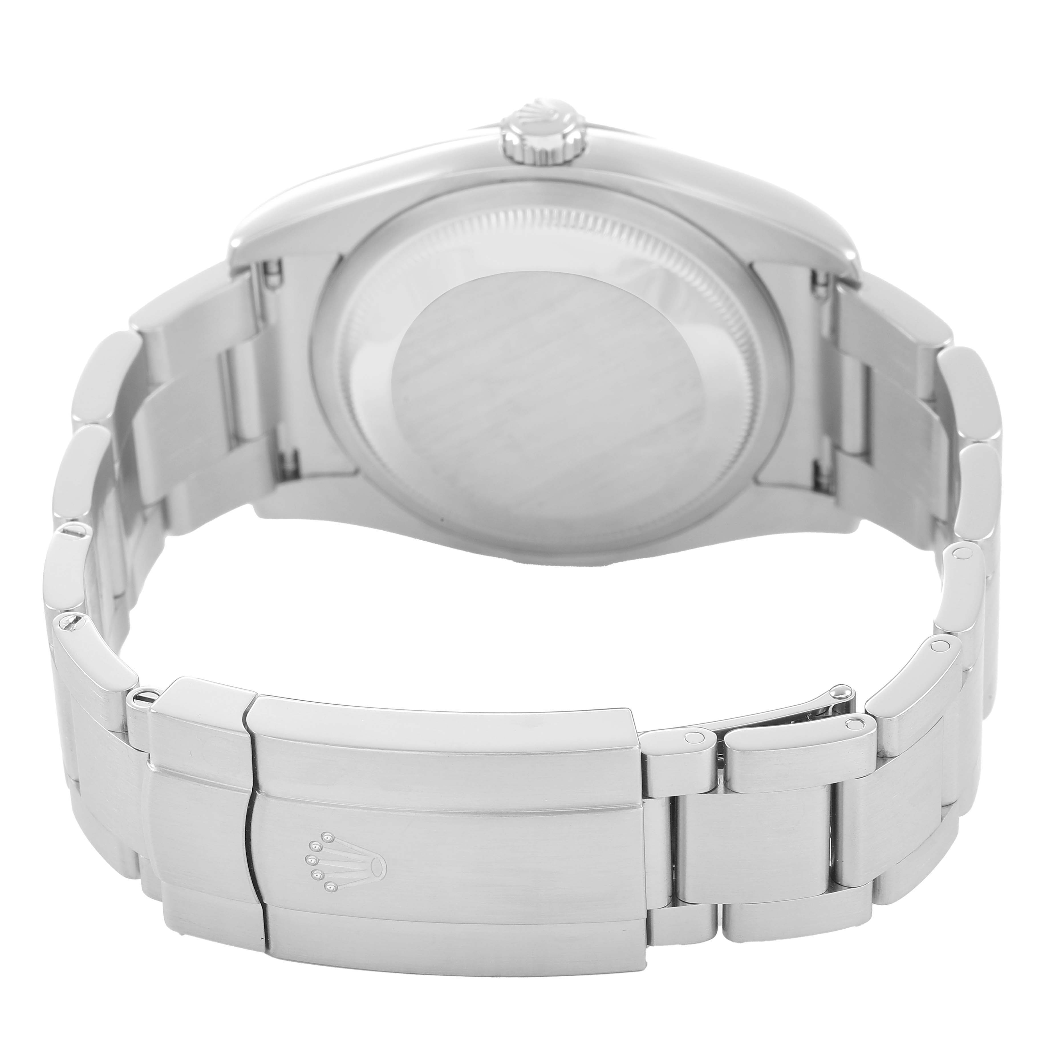 The image shows the back case and bracelet clasp of a Rolex Oyster Perpetual 116000 Men's Stainless Steel Silver Dial watch from a rear angle.