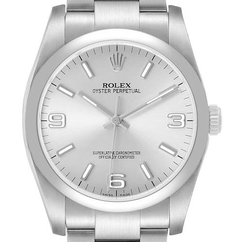 The image shows a front view of the Rolex Oyster Perpetual 116000 Men's Stainless Steel Silver Dial watch, highlighting its face, bezel, crown, and part of the bracelet.