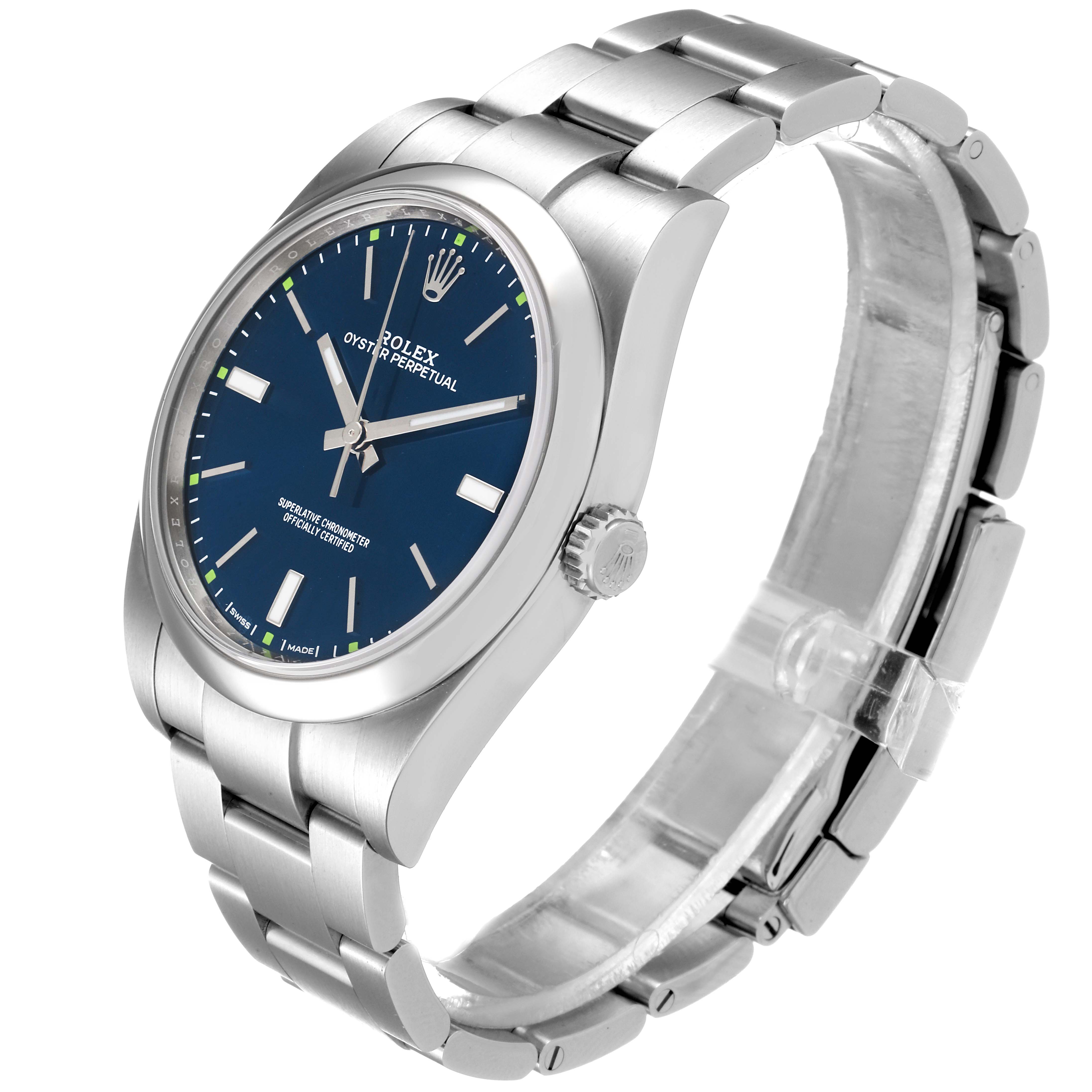 This image shows the front and side angles of a Rolex Oyster Perpetual 114300 Men
s Stainless Steel Blue Dial 114300 Men
s Stainless Steel Blue Dial watch, highlighting the dial, case, and bracelet.