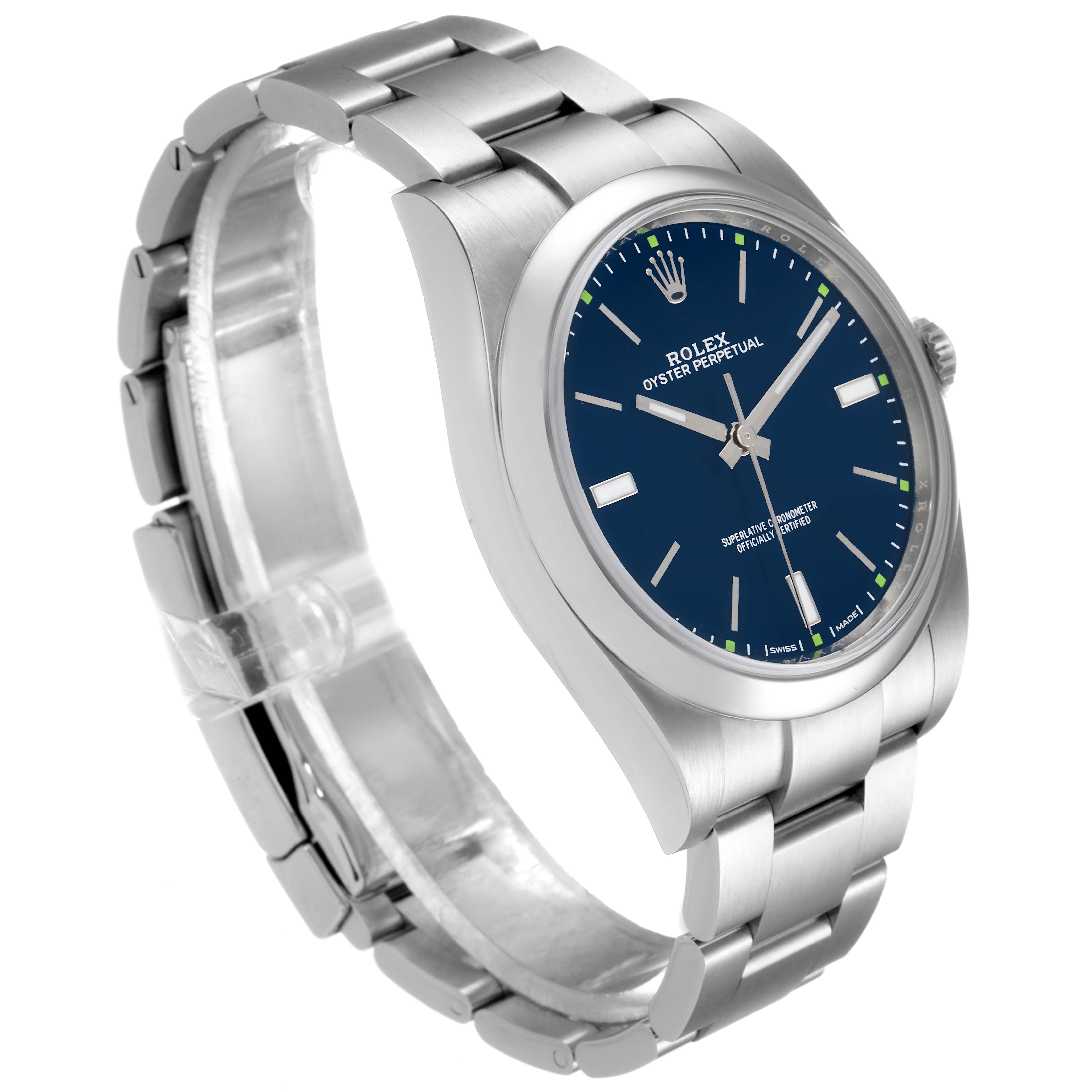 The image shows the Rolex Oyster Perpetual 114300 Men
s Stainless Steel Blue Dial 114300 Men
s Stainless Steel Blue Dial watch at an angled top-side view, highlighting the bracelet, case, and dial.