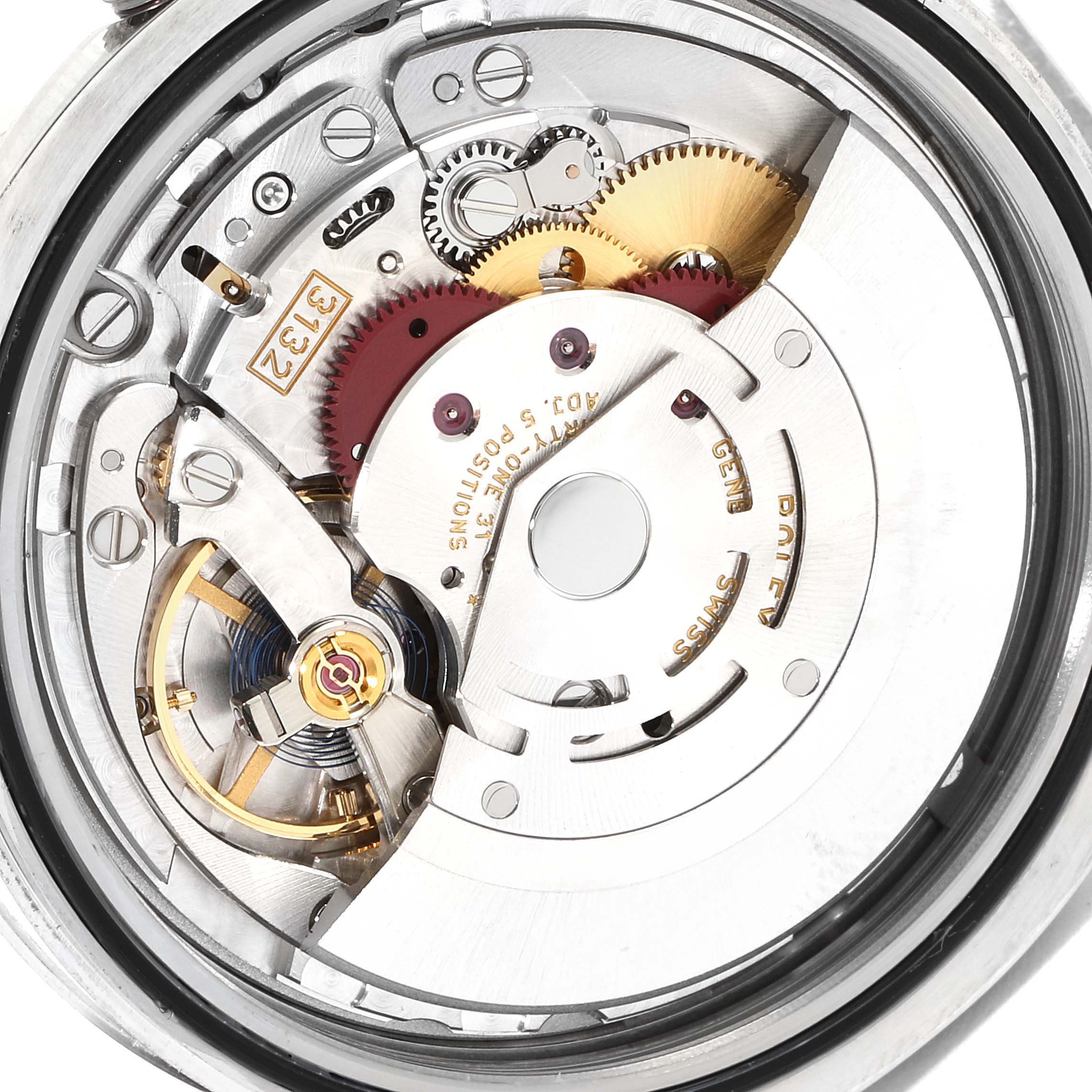 This image shows the inner mechanical movement of a Rolex Oyster Perpetual 114300 Men
s Stainless Steel Blue Dial 114300 Men
s Stainless Steel Blue Dial watch from a close-up angle.