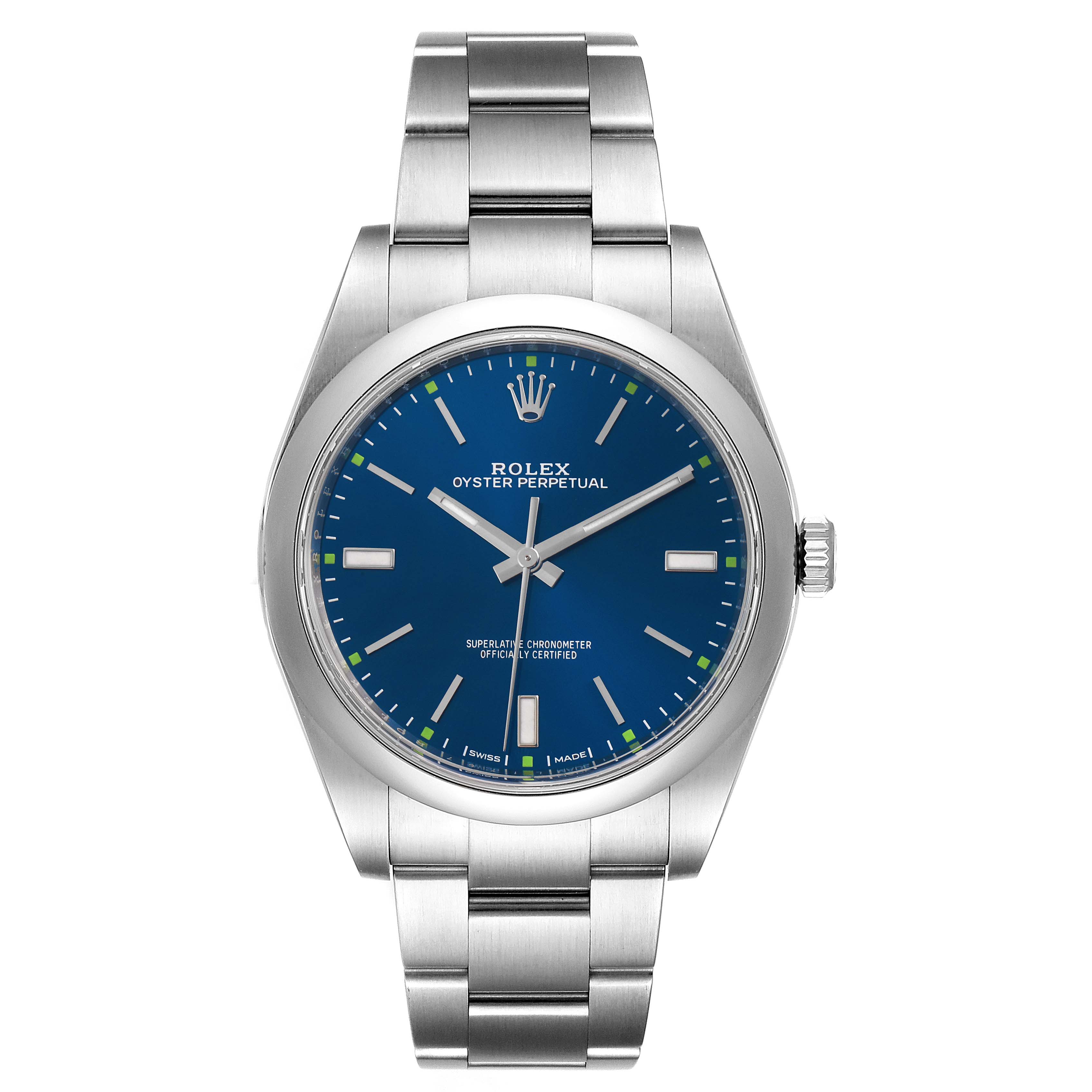 The image shows a front view of a Rolex Oyster Perpetual 114300 Men
s Stainless Steel Blue Dial 114300 Men
s Stainless Steel Blue Dial watch, highlighting its blue dial and stainless steel bracelet.