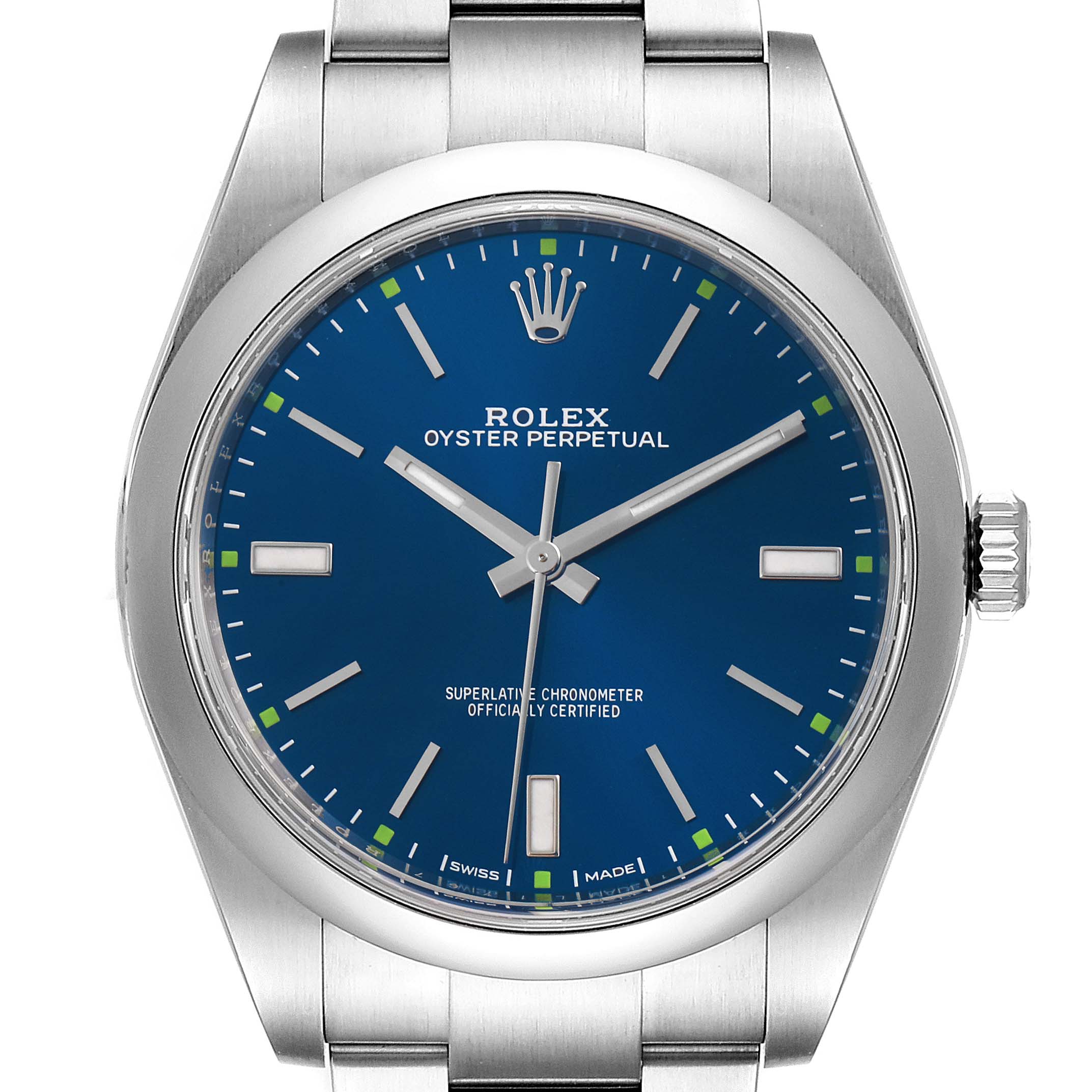 This is a front view of a Rolex Oyster Perpetual 114300 Men
s Stainless Steel Blue Dial 114300 Men
s Stainless Steel Blue Dial watch, showing the dial, hands, crown, and upper part of the bracelet.