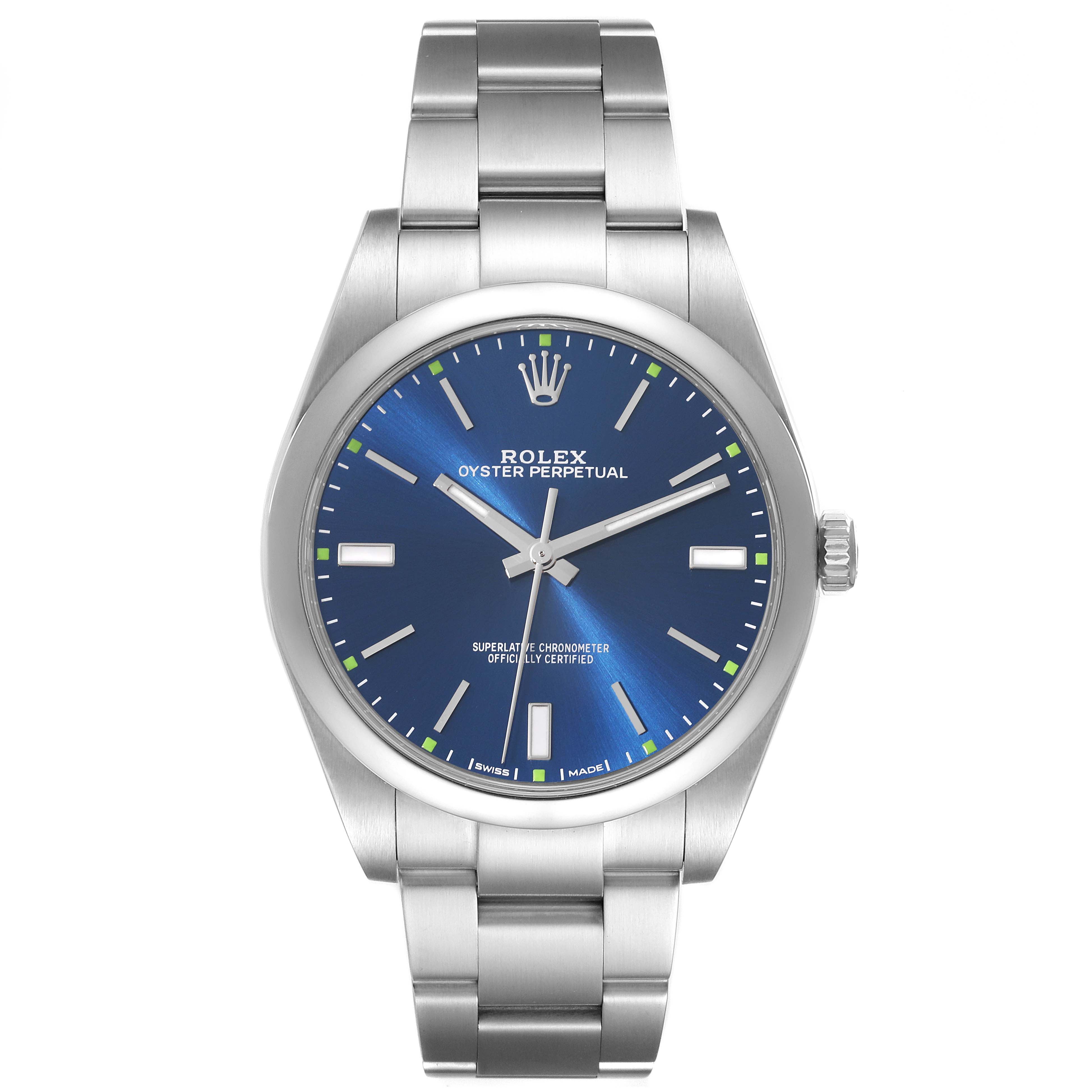 This Rolex Oyster Perpetual 114300 Men
s Stainless Steel Blue Dial 114300 Men
s Stainless Steel Blue Dial watch is shown from a front angle, displaying its blue dial, hands, hour markers, and metal bracelet.