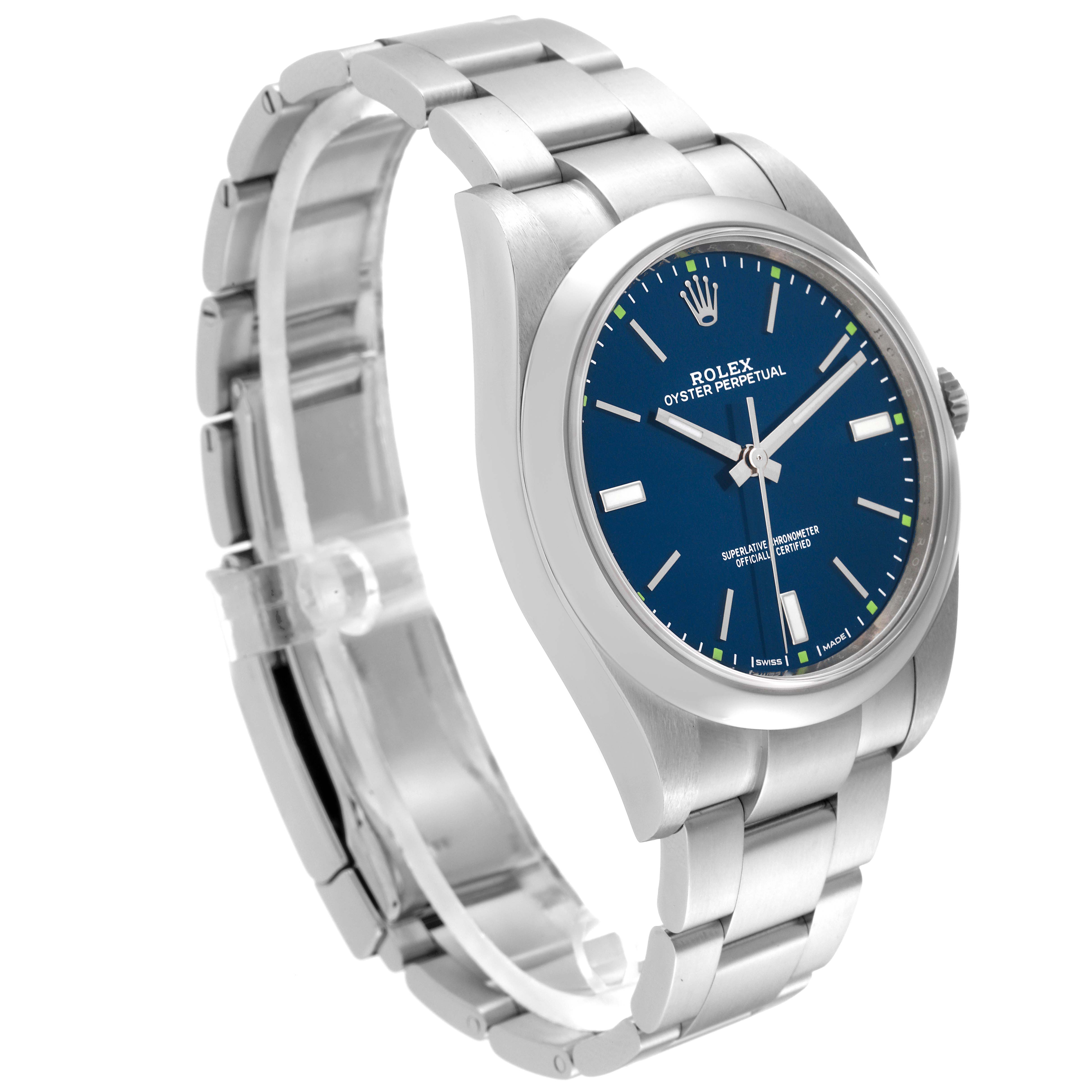 The angle shows a side profile and partial front view of the Rolex Oyster Perpetual 114300 Men
s Stainless Steel Blue Dial 114300 Men
s Stainless Steel Blue Dial watch, highlighting the bracelet, case, and blue dial.