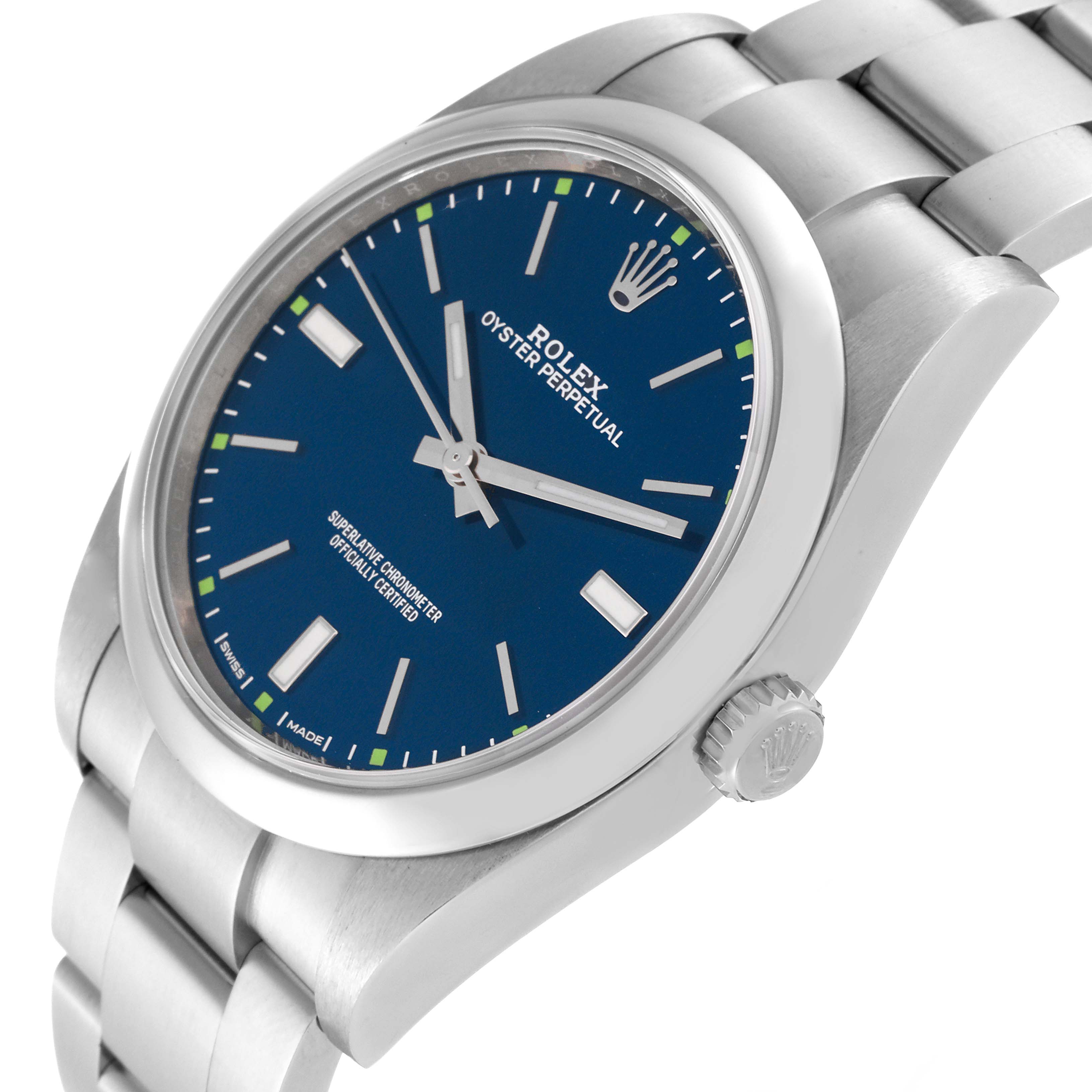 The image shows a Rolex Oyster Perpetual 114300 Men
s Stainless Steel Blue Dial 114300 Men
s Stainless Steel Blue Dial watch at a slight angle, highlighting its blue dial, case, bezel, and bracelet.