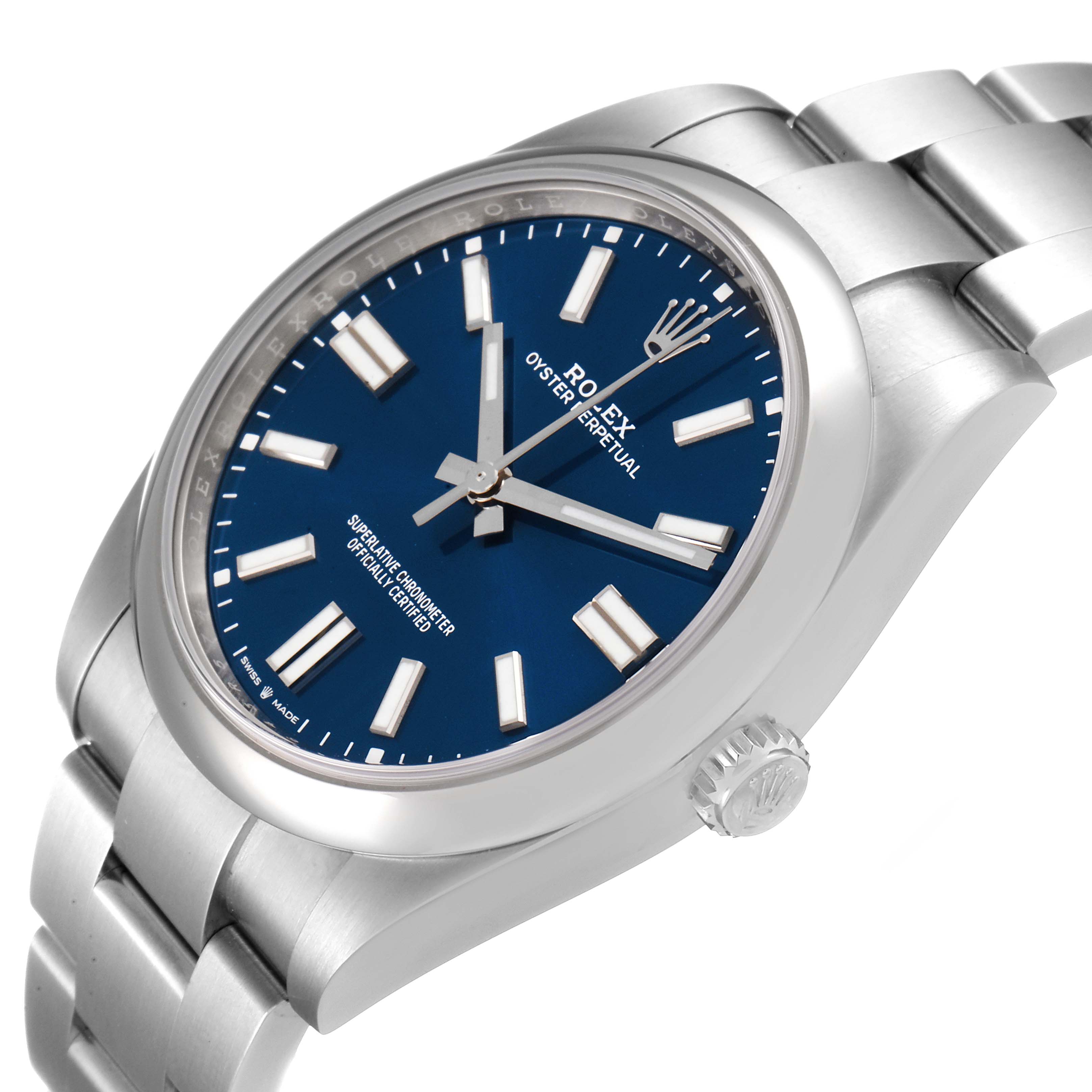 The image shows a side angle view of the Rolex Oyster Perpetual 124300 Men
s Stainless Steel Blue Dial 124300 Men
s Stainless Steel Blue Dial watch, highlighting its dial, bezel, case, bracelet, and crown.