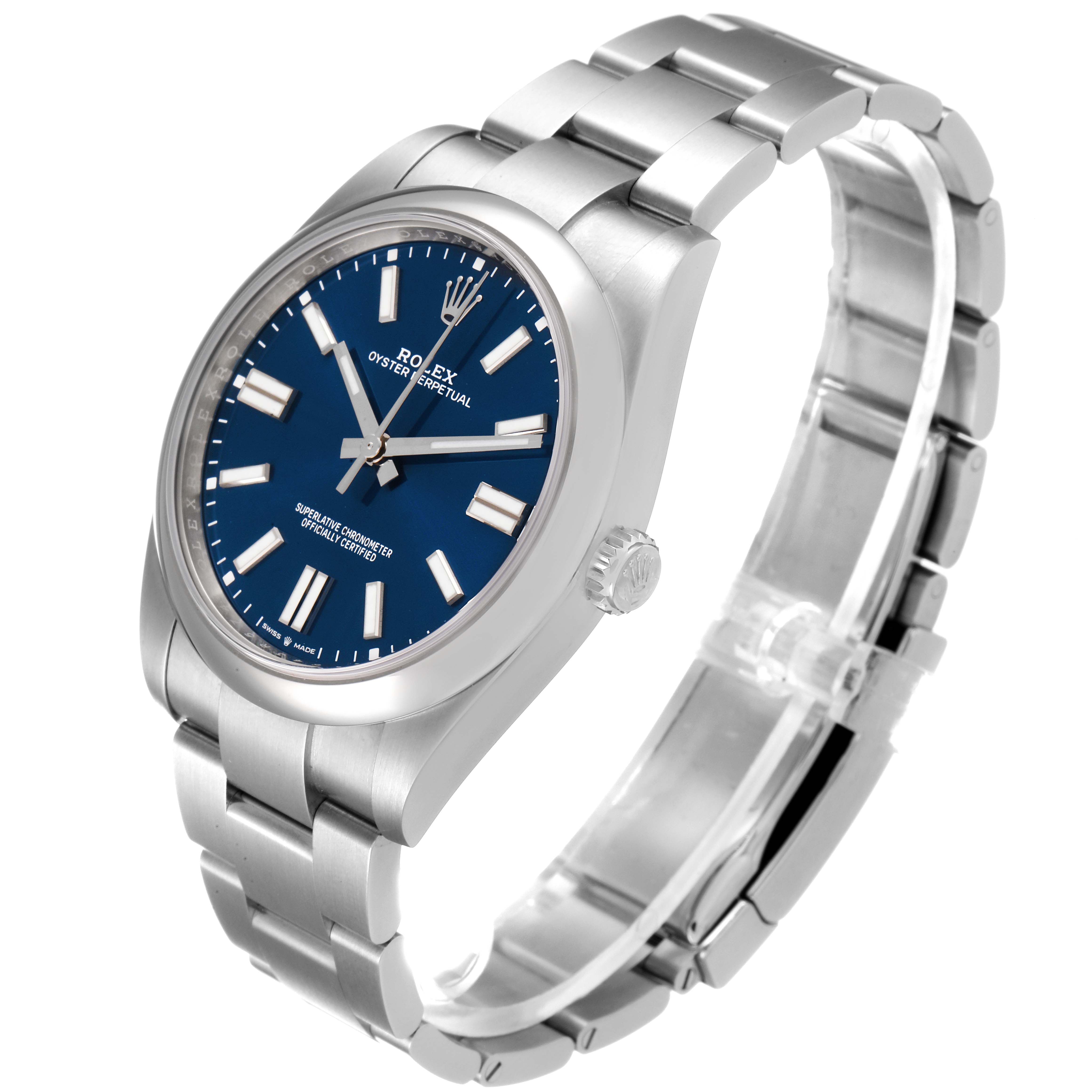 This Rolex Oyster Perpetual 124300 Men
s Stainless Steel Blue Dial 124300 Men
s Stainless Steel Blue Dial watch is shown from an angled view highlighting the blue dial, stainless steel case, and bracelet.