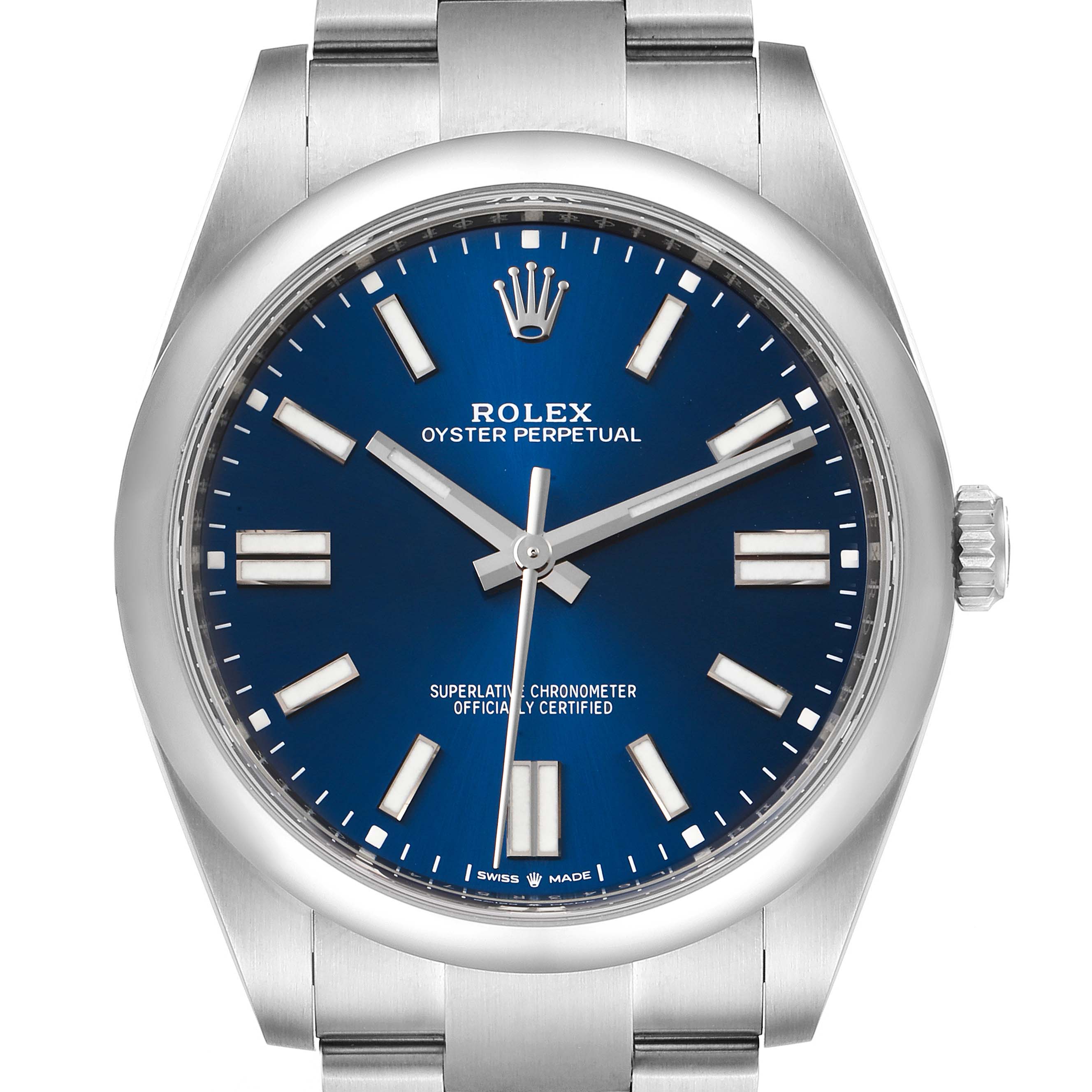 The image shows a frontal view of the Rolex Oyster Perpetual 124300 Men
s Stainless Steel Blue Dial 124300 Men
s Stainless Steel Blue Dial watch, displaying its blue dial, crown, and bracelet.
