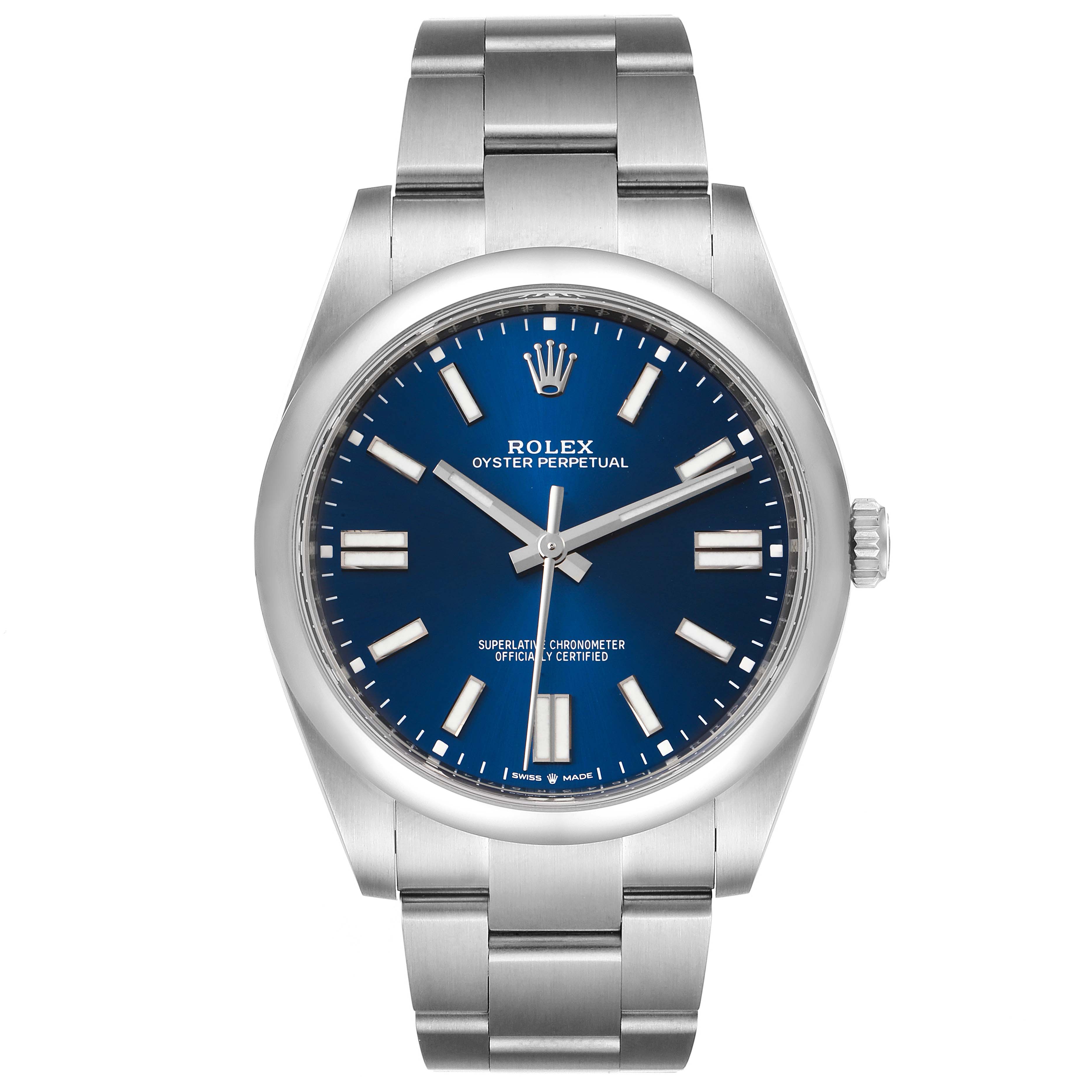 The image shows a front view of a Rolex Oyster Perpetual 124300 Men
s Stainless Steel Blue Dial 124300 Men
s Stainless Steel Blue Dial watch with a blue dial and silver bracelet.