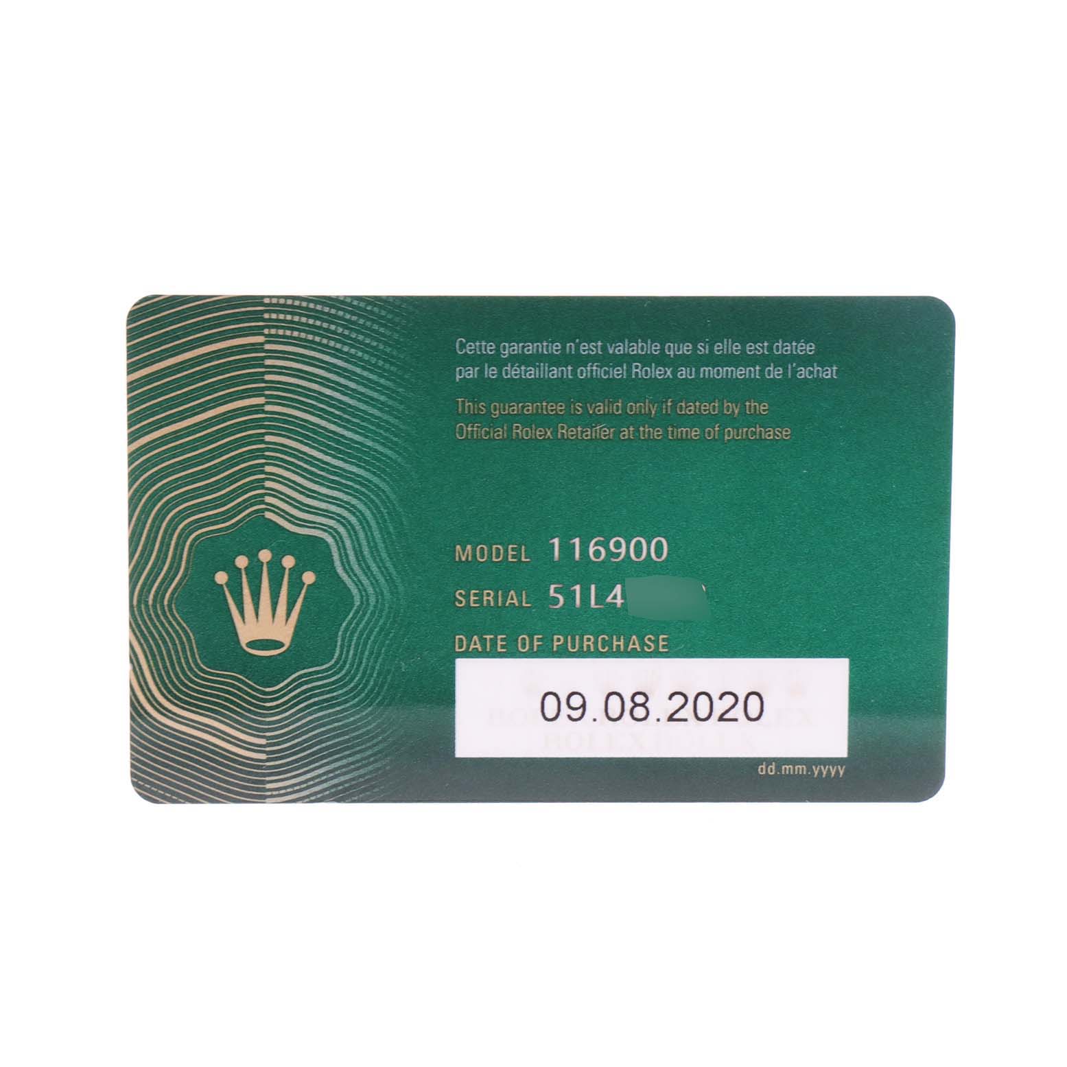 This image shows the warranty card for the Rolex Air-King 116900 Men's Stainless Steel Black Dial 116900 Men's Stainless Steel Black Dial model 116900.