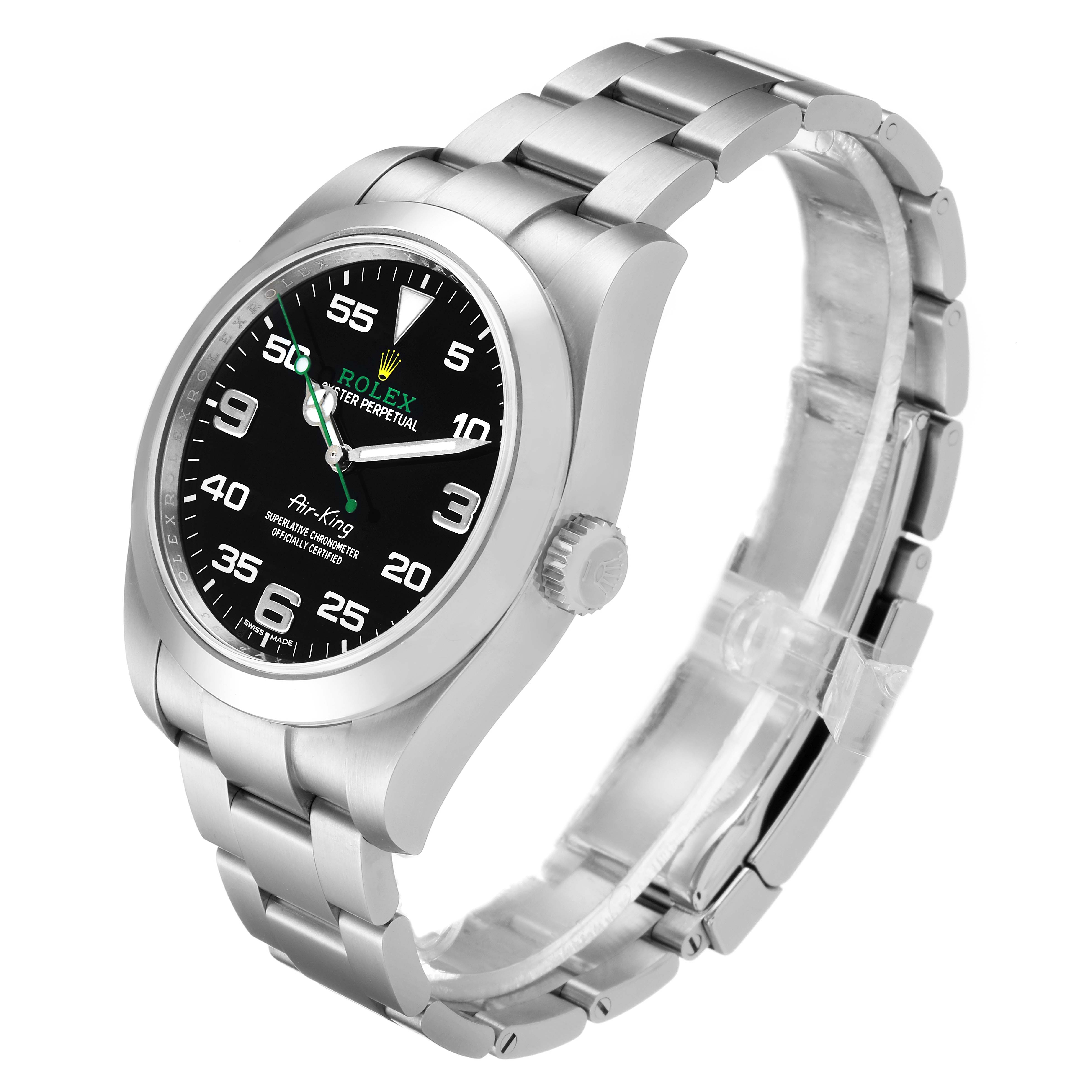 The image shows a Rolex Air-King 116900 Men's Stainless Steel Black Dial 116900 Men's Stainless Steel Black Dial watch angled to display the face, case, crown, and bracelet.