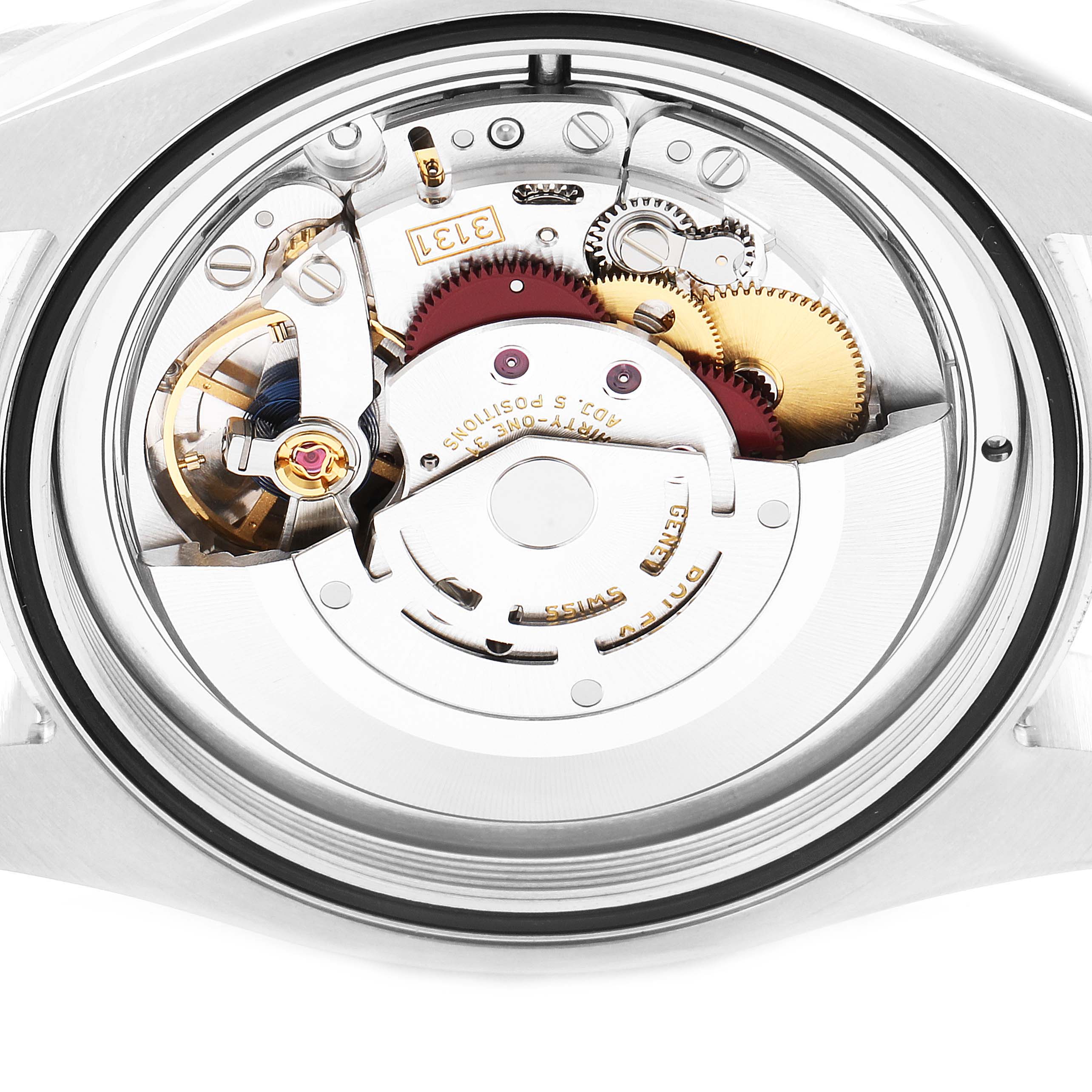 This image shows the back view of the Rolex Air-King 116900 Men's Stainless Steel Black Dial 116900 Men's Stainless Steel Black Dial watch, revealing its intricate internal movement and gears.