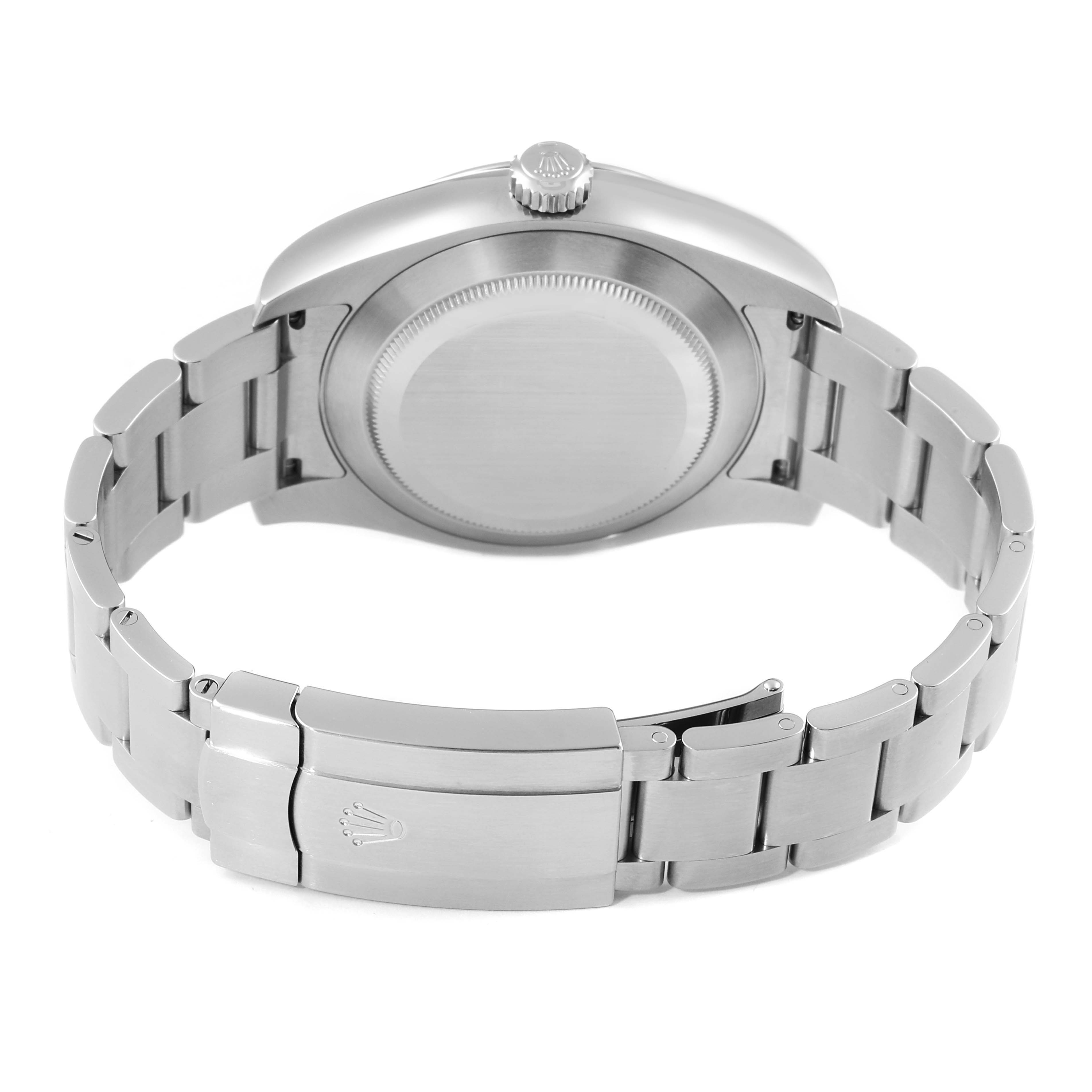 The image shows the back view of a Rolex Air-King 116900 Men's Stainless Steel Black Dial 116900 Men's Stainless Steel Black Dial watch, including the case back, crown, and stainless steel bracelet with a clasp.