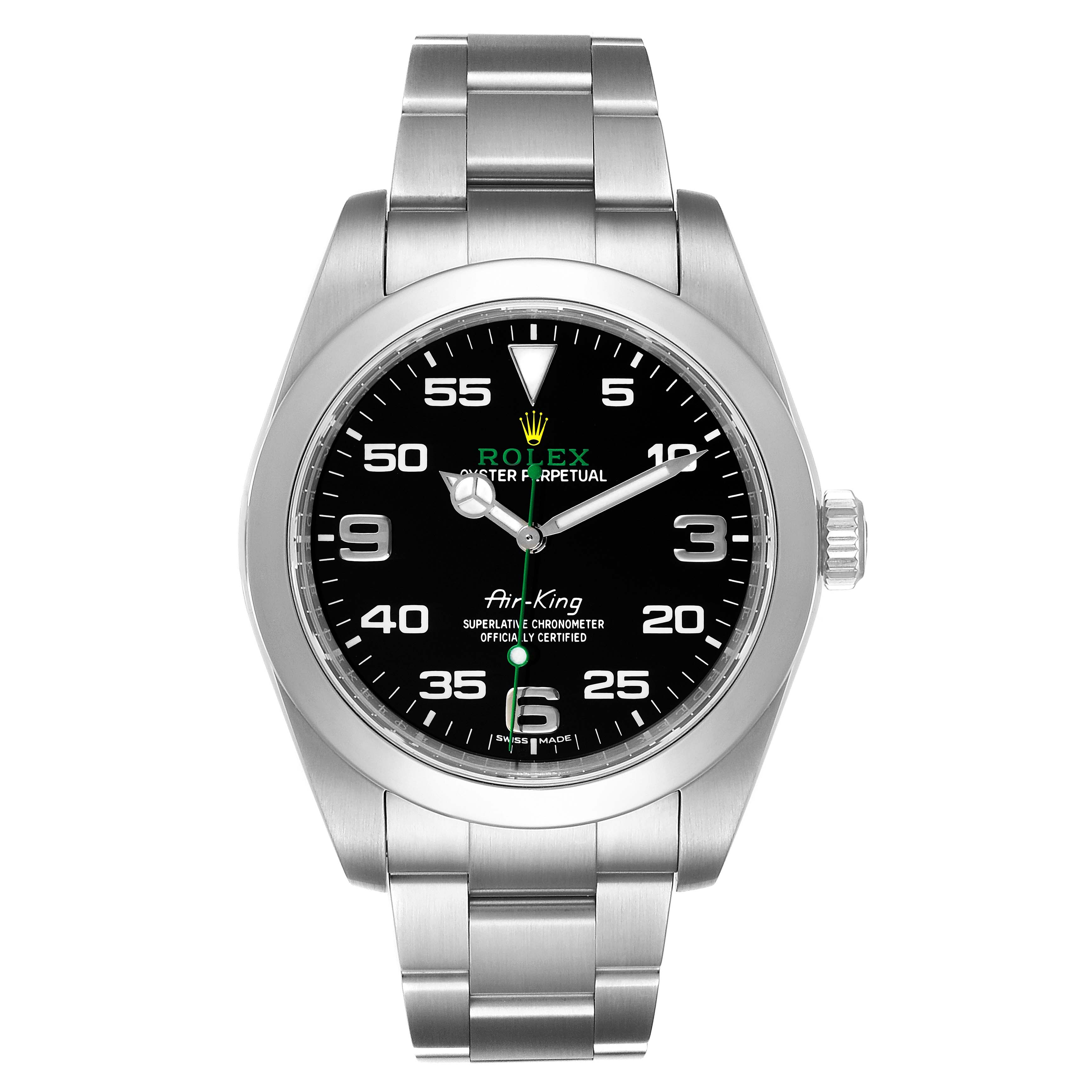 The image shows a front-facing view of the Rolex Air-King 116900 Men's Stainless Steel Black Dial 116900 Men's Stainless Steel Black Dial watch, displaying its face and stainless steel bracelet.