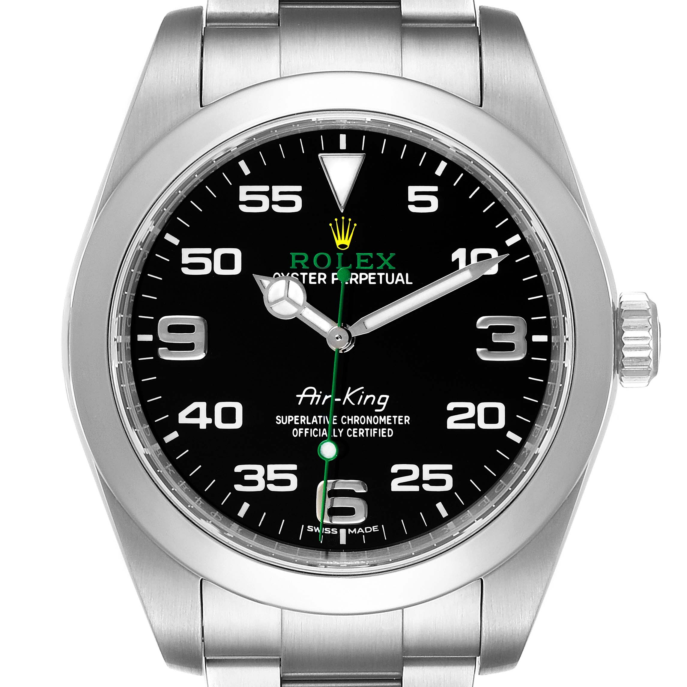 The image shows a front angle view of a Rolex Air-King 116900 Men's Stainless Steel Black Dial 116900 Men's Stainless Steel Black Dial watch, highlighting its dial, bezel, and part of the bracelet.