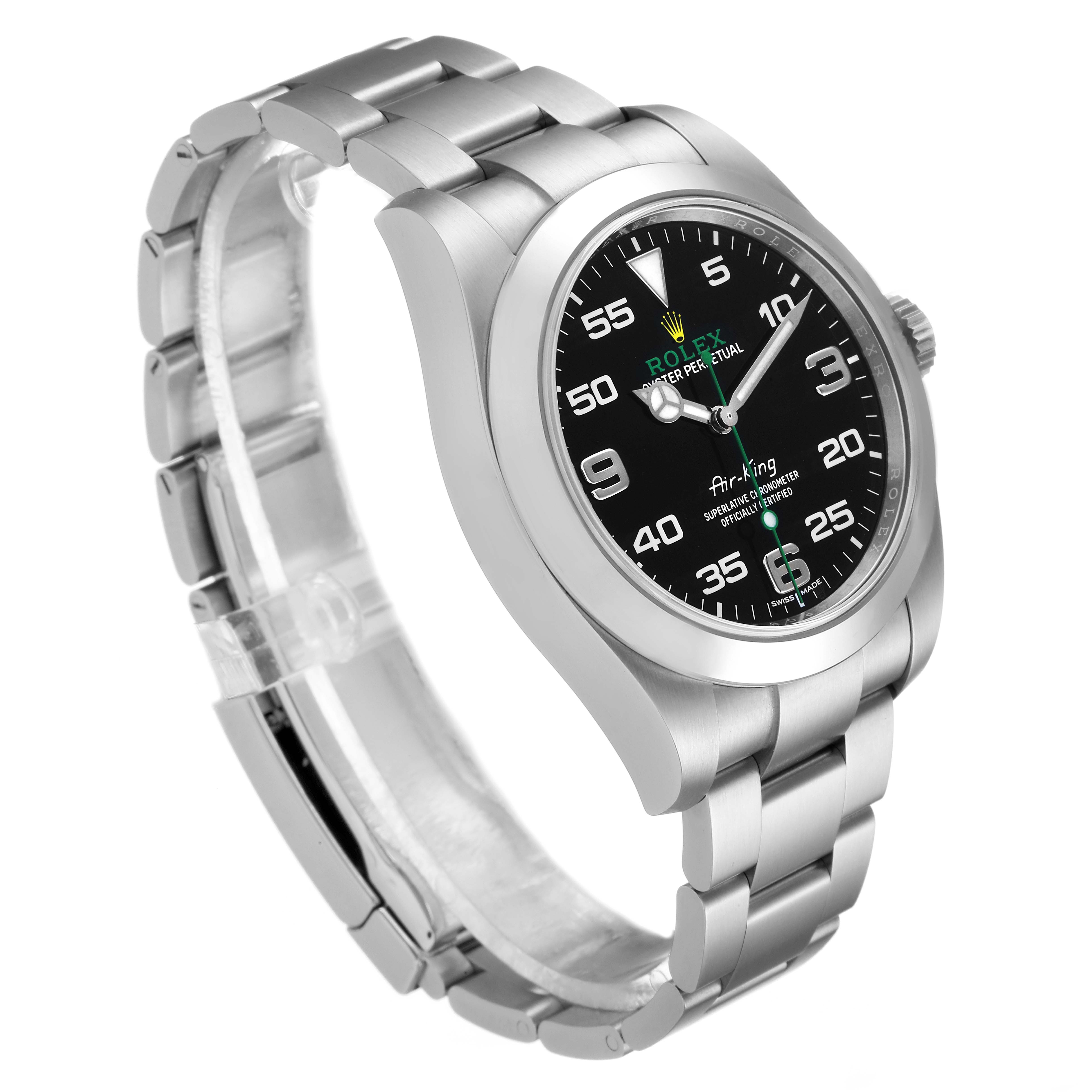 The image shows a Rolex Air-King 116900 Men's Stainless Steel Black Dial 116900 Men's Stainless Steel Black Dial watch at a three-quarter angle, highlighting the watch face, bezel, and metal bracelet.