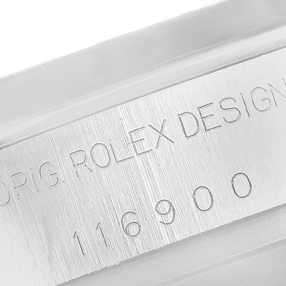This is a close-up view of the Rolex Air-King 116900 Men's Stainless Steel Black Dial 116900 Men's Stainless Steel Black Dial model’s case, showing the engraved serial number "116900."