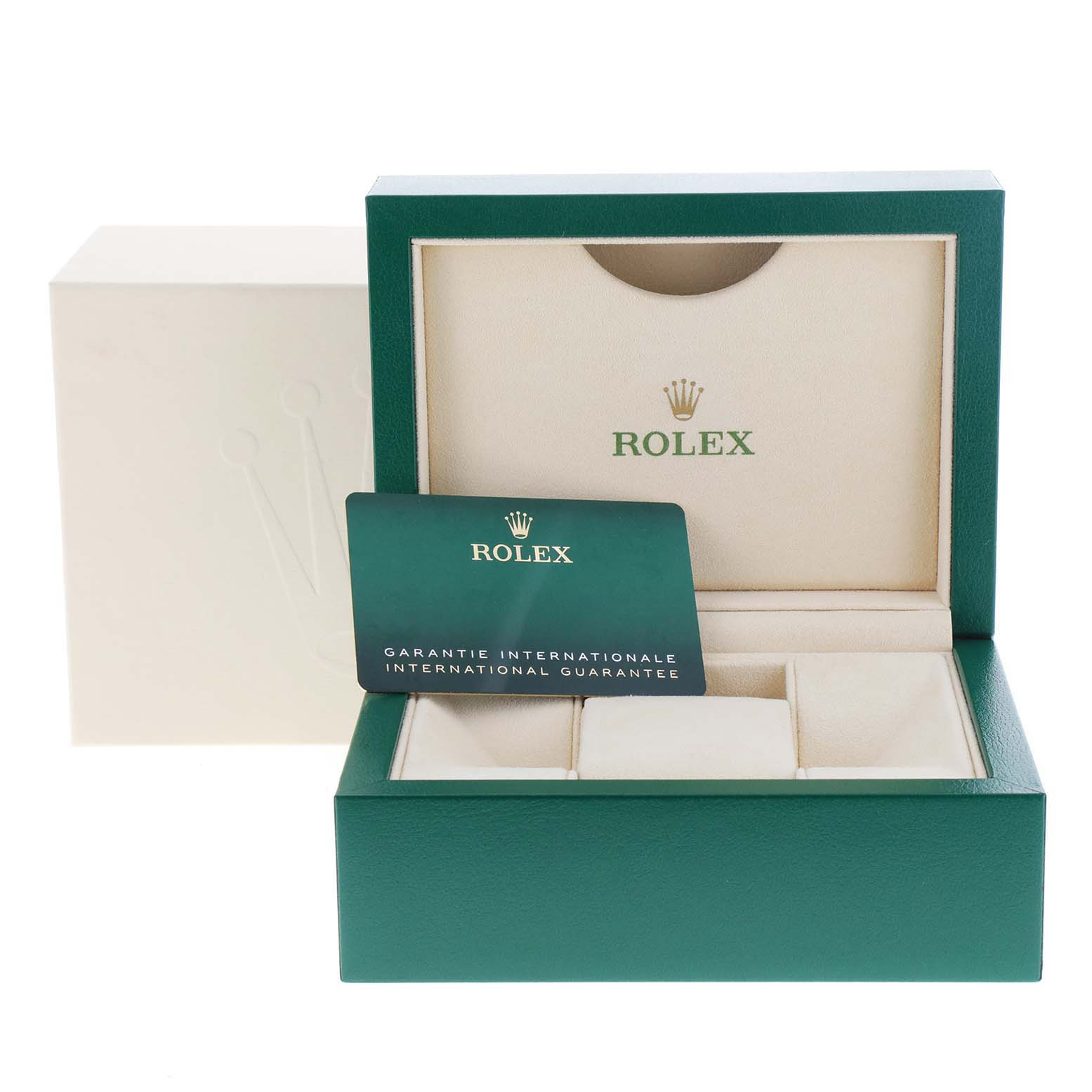 The image shows an open Rolex Air-King 116900 Men's Stainless Steel Black Dial 116900 Men's Stainless Steel Black Dial watch box with the international guarantee card placed inside.