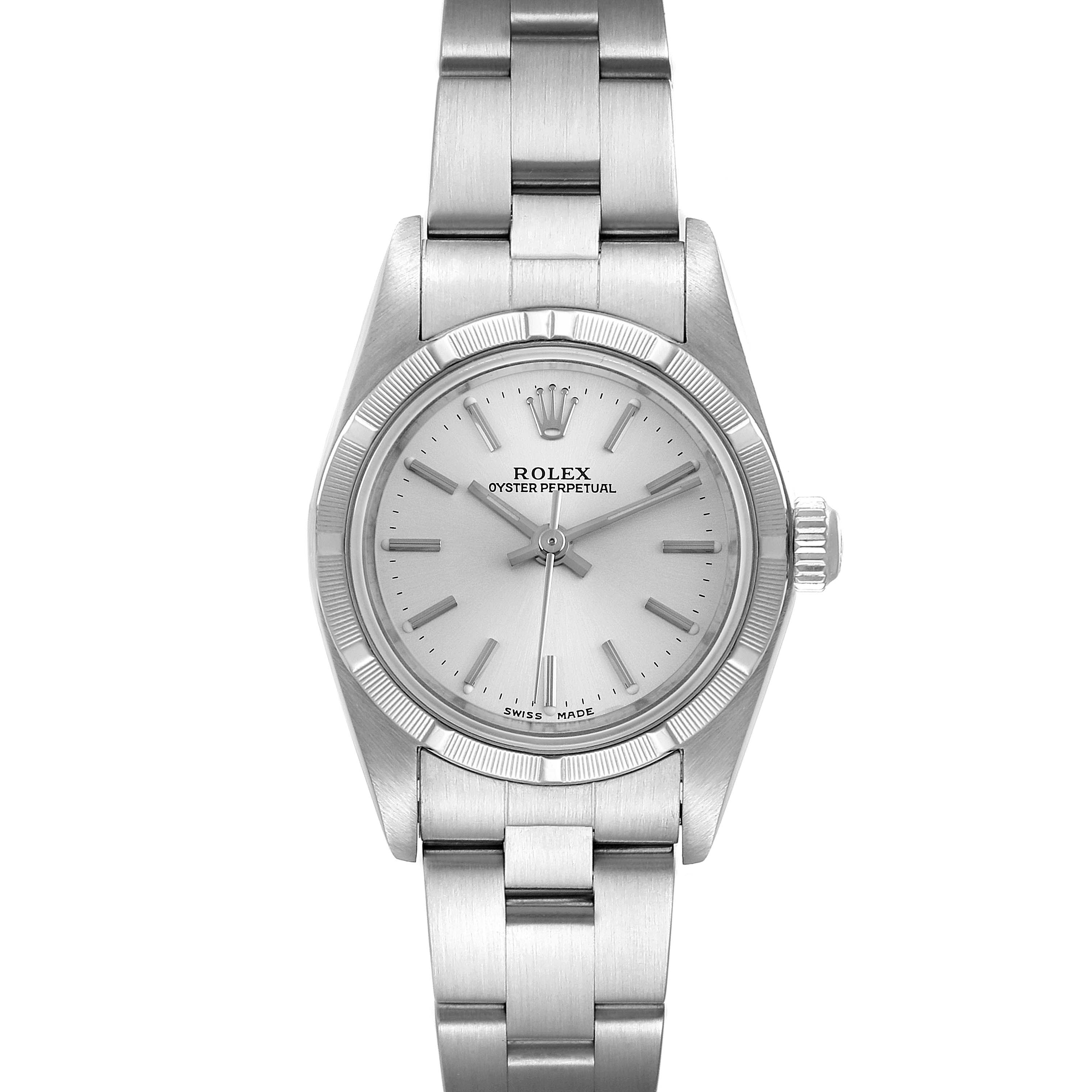 The image shows a front view of the Rolex Oyster Perpetual 76030 Women
s Stainless Steel Silver Dial 76030 Women
s Stainless Steel Silver Dial watch, highlighting its dial, bezel, crown, and bracelet.