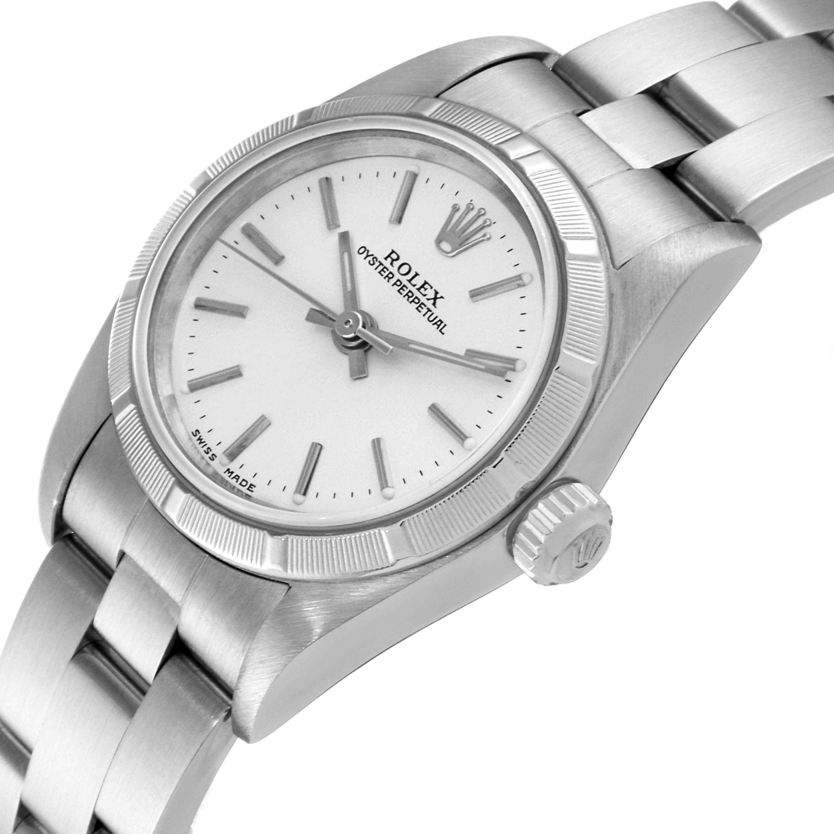 The image shows a close-up angle of a Rolex Oyster Perpetual 76030 Women
s Stainless Steel Silver Dial 76030 Women
s Stainless Steel Silver Dial watch, highlighting the dial, bezel, crown, and part of the bracelet.