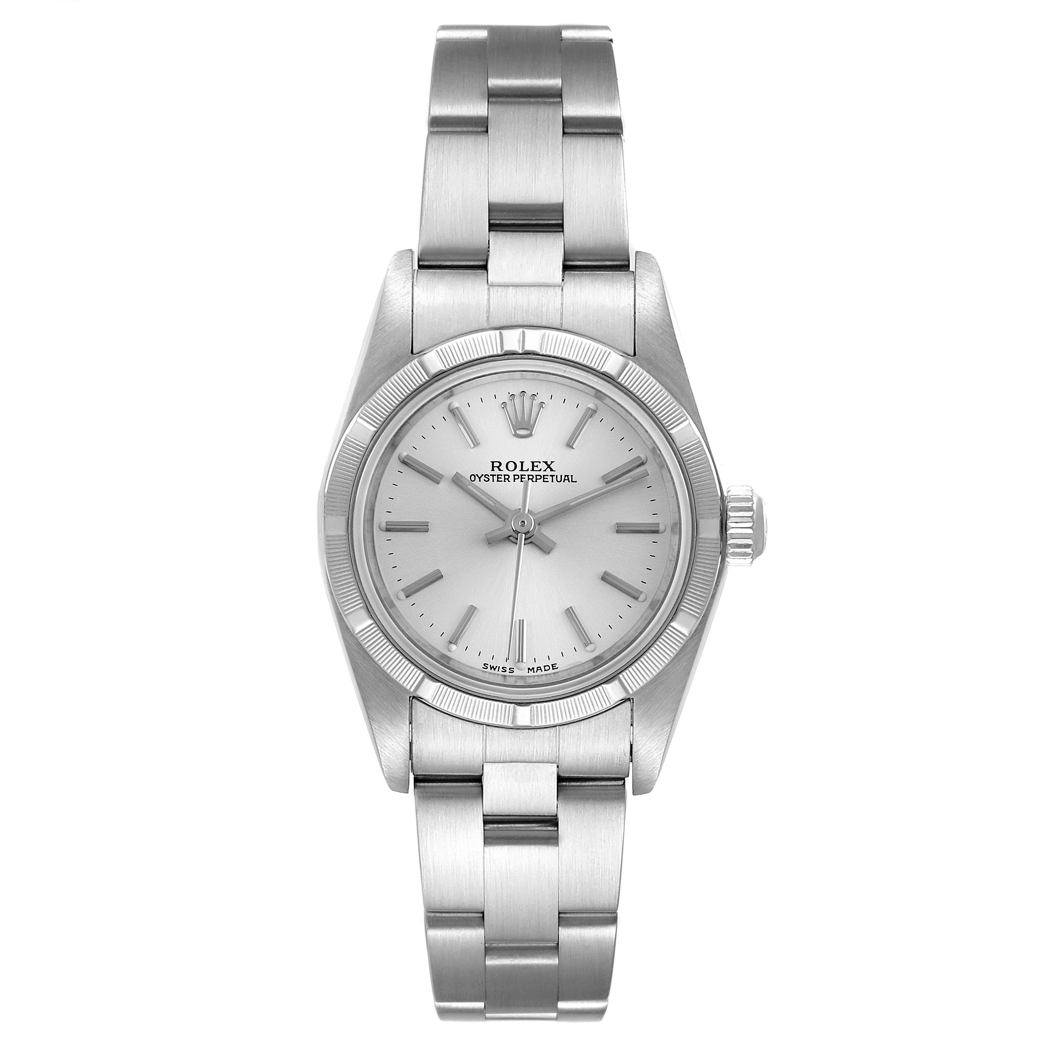 This image shows a front view of the Rolex Oyster Perpetual 76030 Women
s Stainless Steel Silver Dial 76030 Women
s Stainless Steel Silver Dial watch, displaying its dial, bezel, crown, and bracelet.
