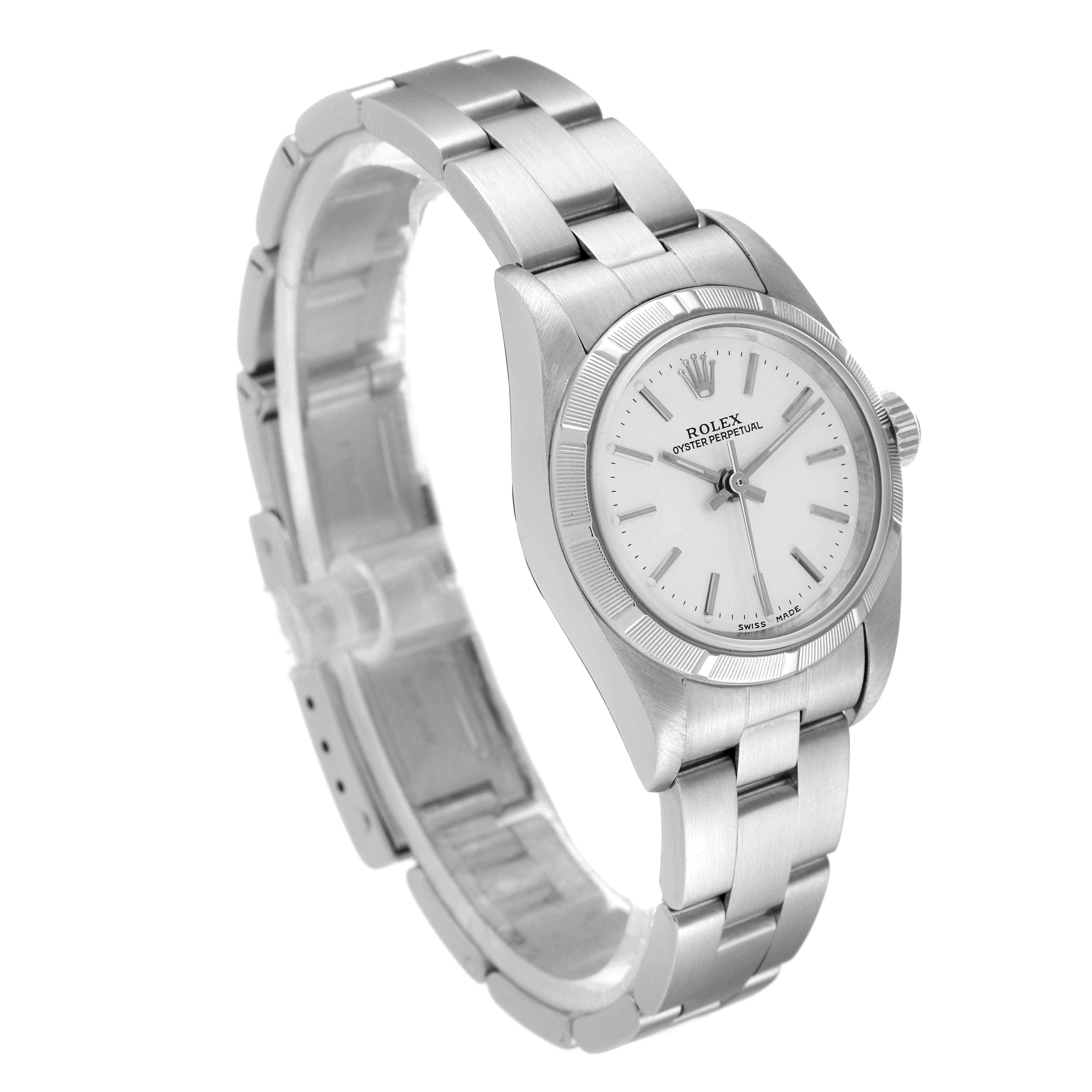 The Rolex Oyster Perpetual 76030 Women
s Stainless Steel Silver Dial 76030 Women
s Stainless Steel Silver Dial watch is shown at a three-quarter angle, displaying the bracelet, bezel, dial, and part of the clasp.